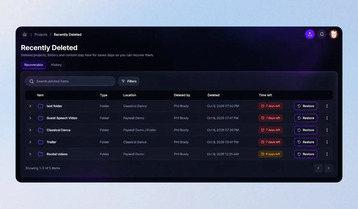give alt text for this image MediaZilla's Recently Deleted dashboard showing deleted folders and projects with their names, locations, deletion dates, and remaining recovery time.