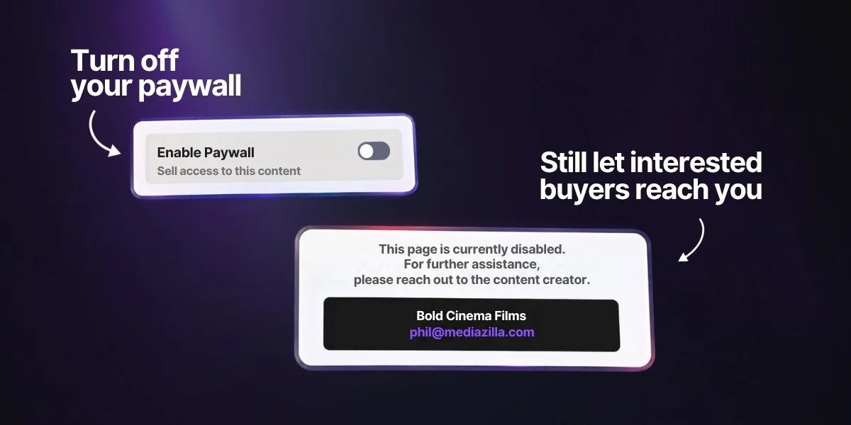 MediaZilla's paywall settings showing how turning off a paywall lets interested buyers contact the content creator through a displayed email address, even when the purchase page is disabled.