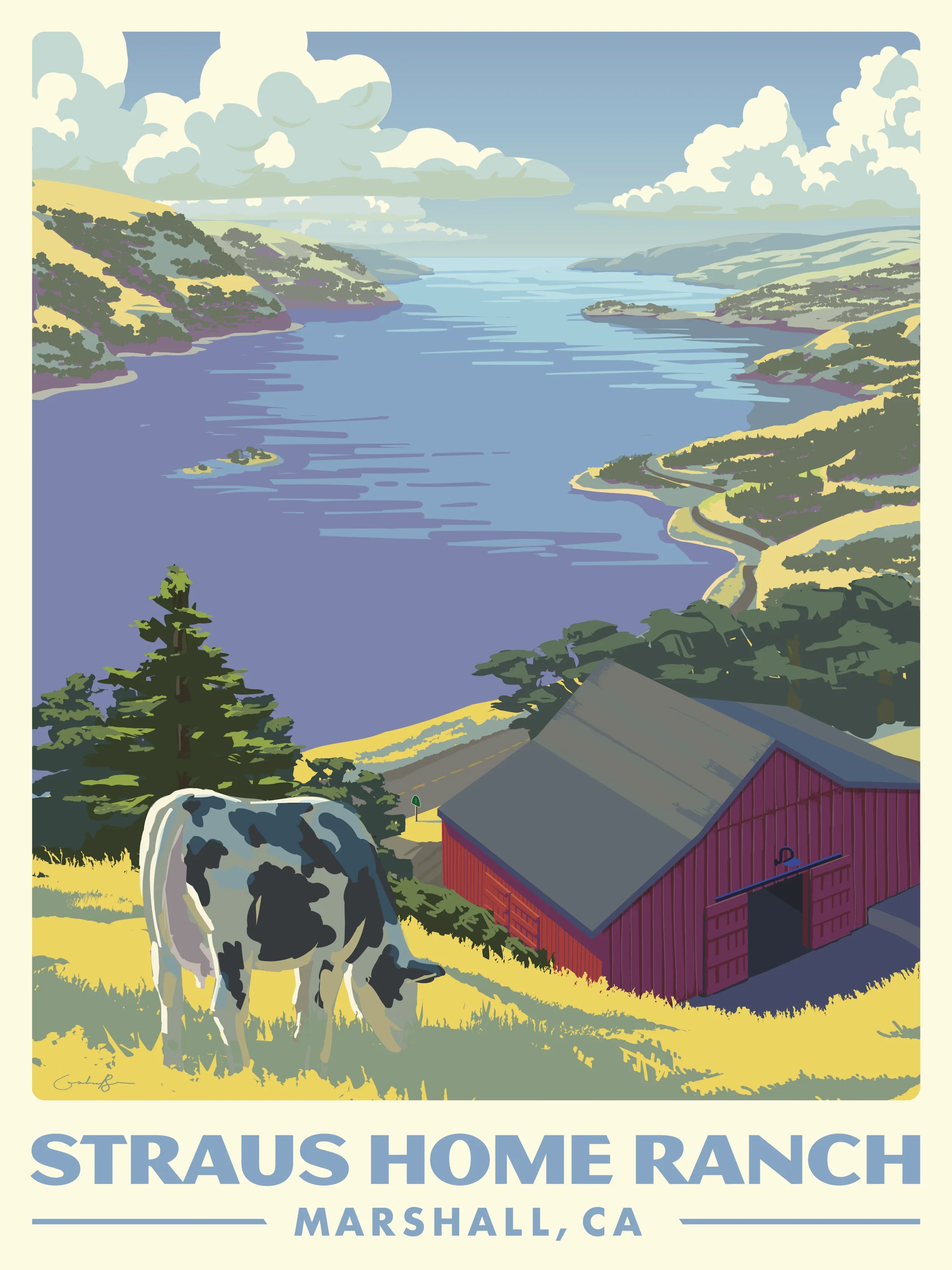 Gift Certificates: illustrated Straus Home Ranch poster of a cow and red barn above Tomales Bay