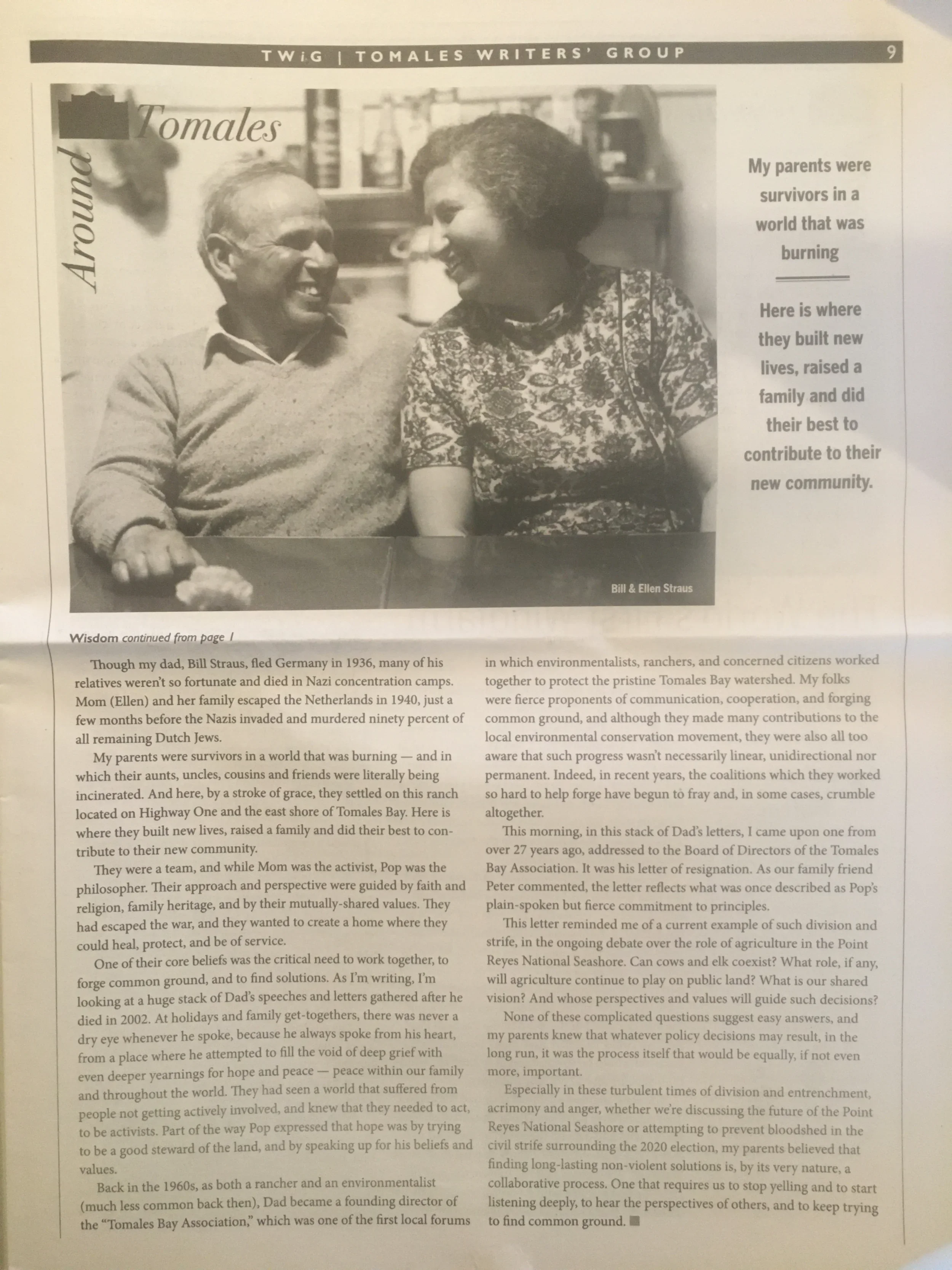 TWiG newspaper page “Around Tomales” with a photo of an older man and woman and the article text. Text summarized.