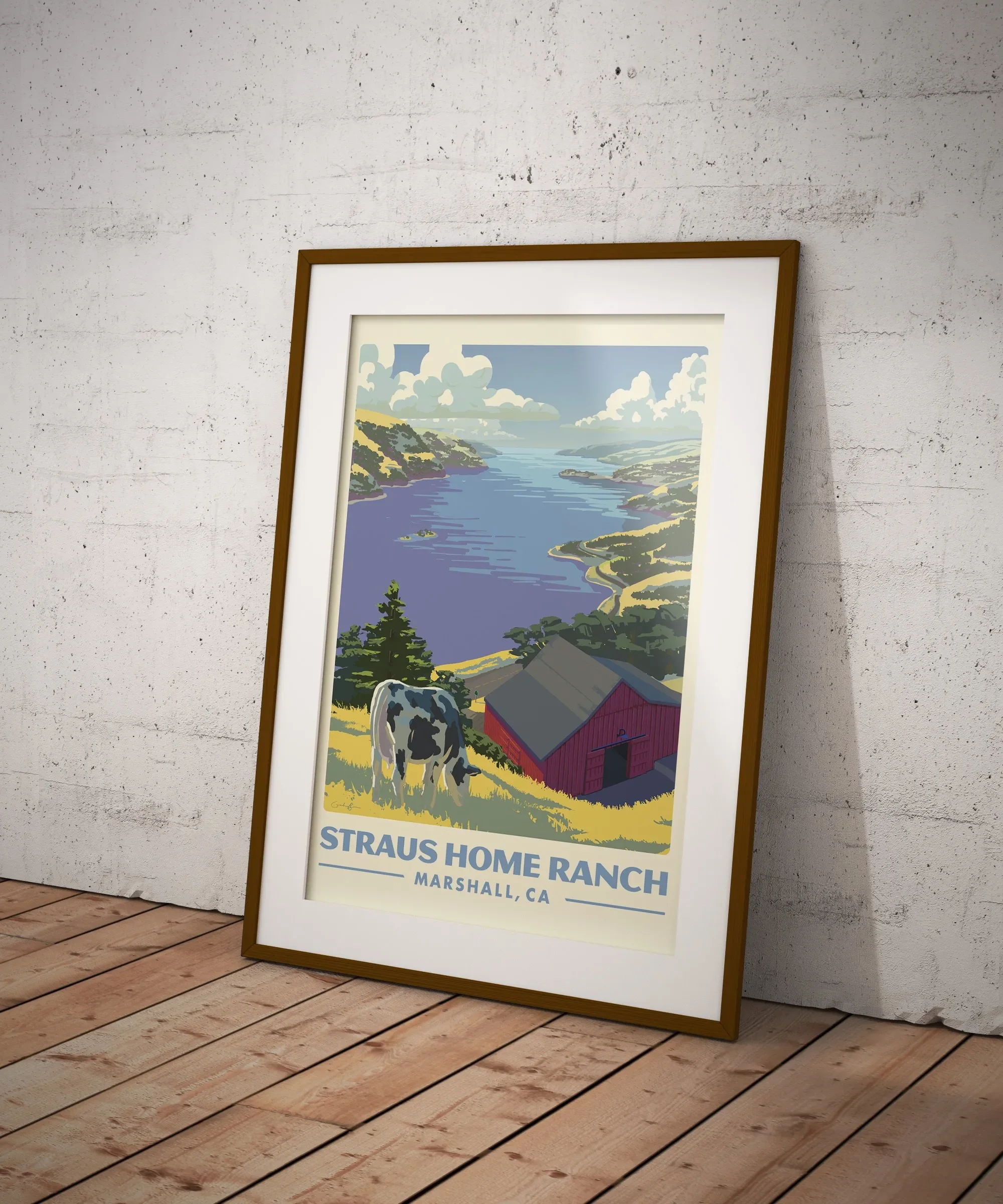 Framed Straus Home Ranch, Marshall, CA poster: illustrated cow, barn, Tomales Bay and hills