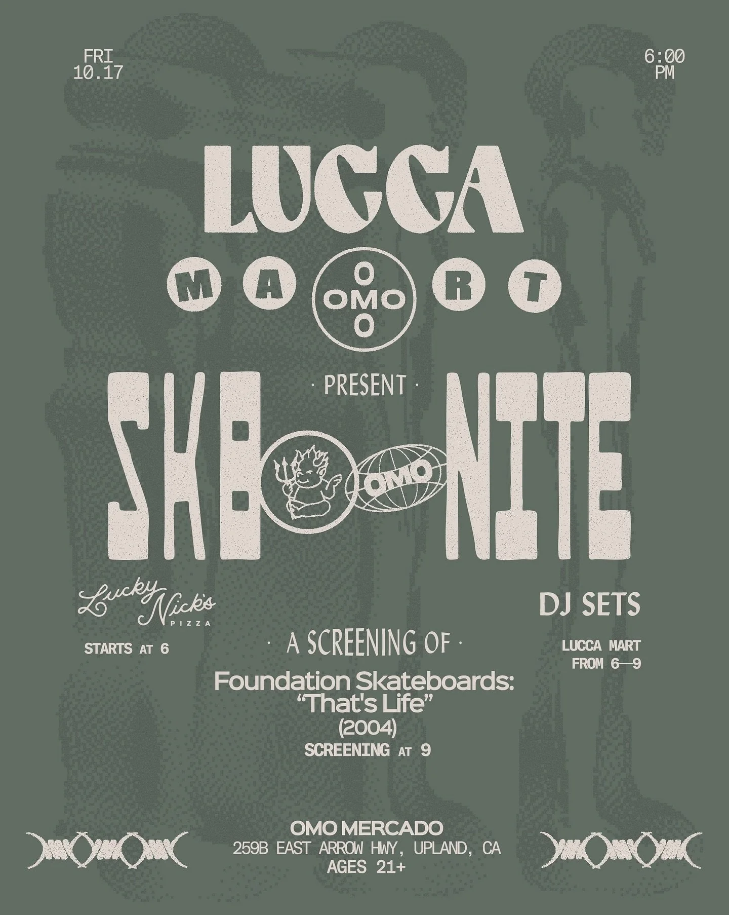 𝗟𝗨𝗖𝗖𝗔 𝗠𝗔𝗥𝗧 𝘅 𝗢𝗠𝗢 Present: SK8 NITE
@lucca__mart &bull; @omomercado 

This Friday&rsquo;s theme &mdash; built around the 2000s, as skate, sound, and style run everything. Pull up, grab some za, smash beers, sip wine, talk shop &mdash; it&