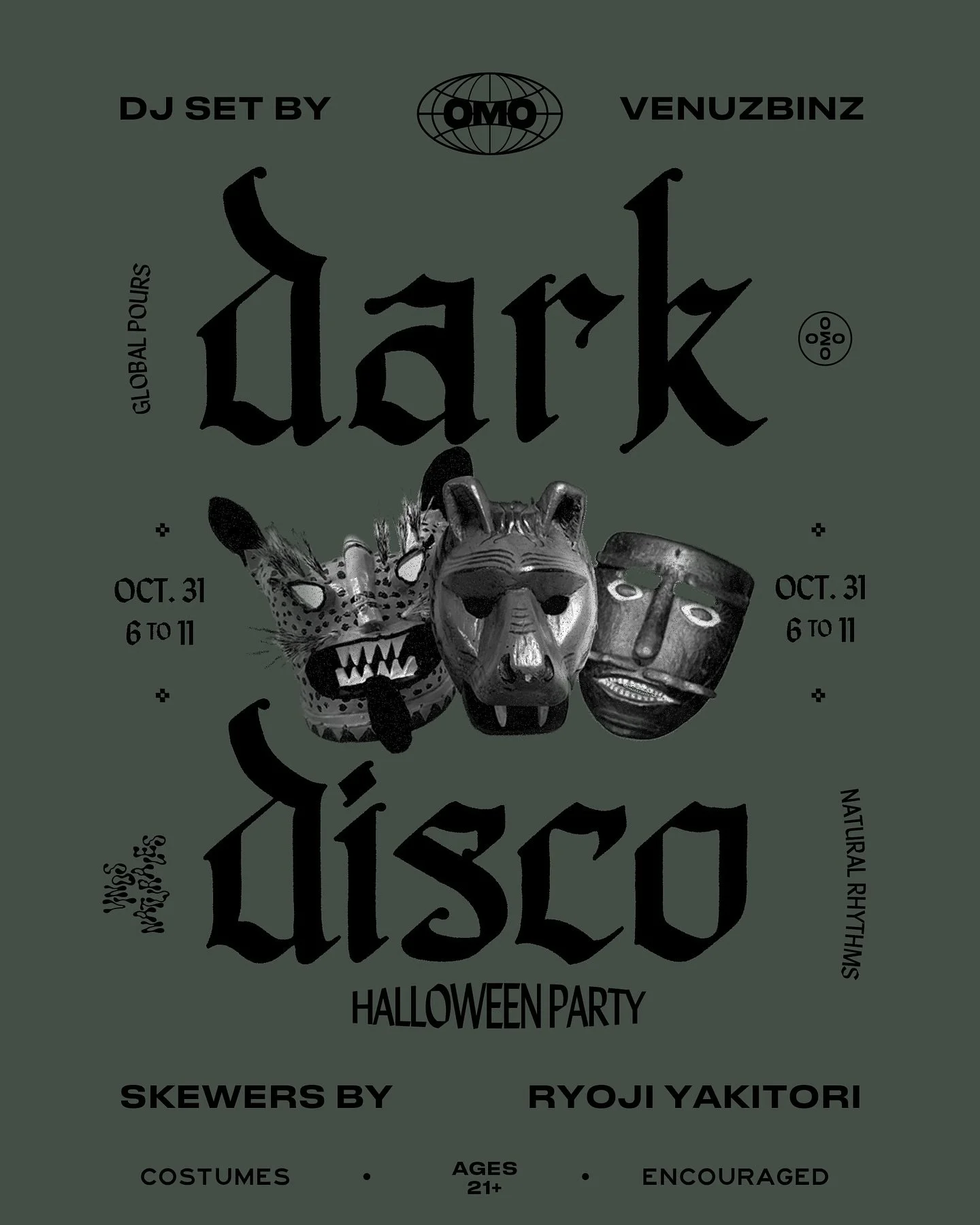 𝔡𝔞𝔯𝔨 𝔡𝔦𝔰𝔠𝔬 · Halloween Party
A darker rhythm takes hold. DJ @venusbinz on the decks, @ryoji_yakitori serving up skewers out on “The Patio”.
Come in costume and get ready to move into the night.
Natural wine flowing &bull