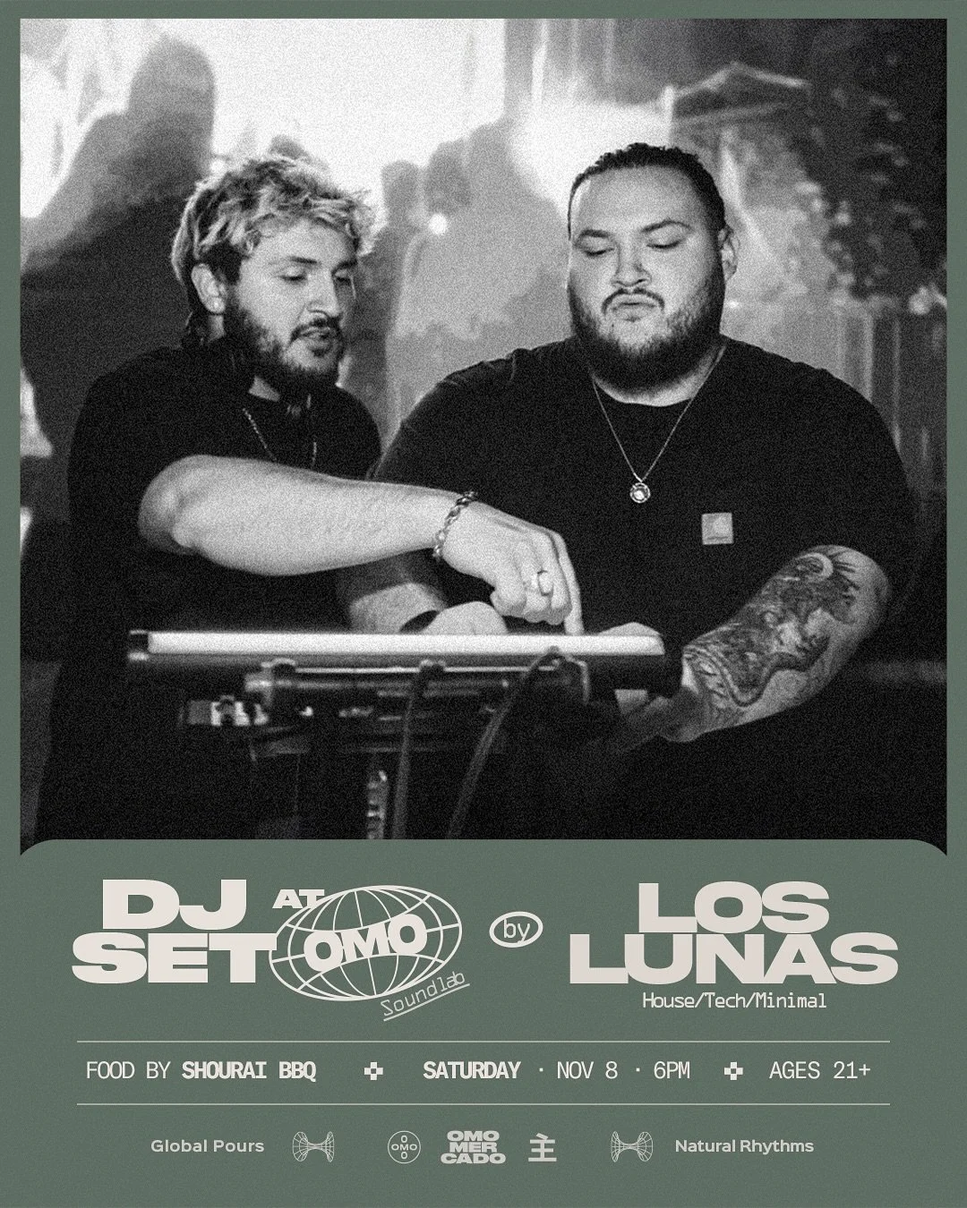 Double pack of energy this Saturday night.
Come move with @los_lunas__ behind the decks.

DJ Set at Omo&rsquo;s 𝚂𝚘𝚞𝚗𝚍 𝙻𝚊𝚋
House &middot; Tech &middot; Minimal &mdash; serving up Natural Rhythms + Global Pours of Natty.

Food by @shouraibbq 


