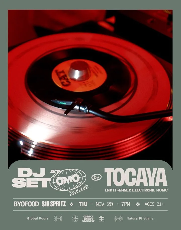 Natural rhythms running high this Thursday. $10 Spritz will be pouring. BYOF, no food vendor this evening. 

TOCAYA returns with a DJ set in Omo&rsquo;s 𝚂𝚘𝚞𝚗𝚍 𝙻𝚊𝚋 at 7, setting the night in motion.

See your beautiful souls under that Omo glo