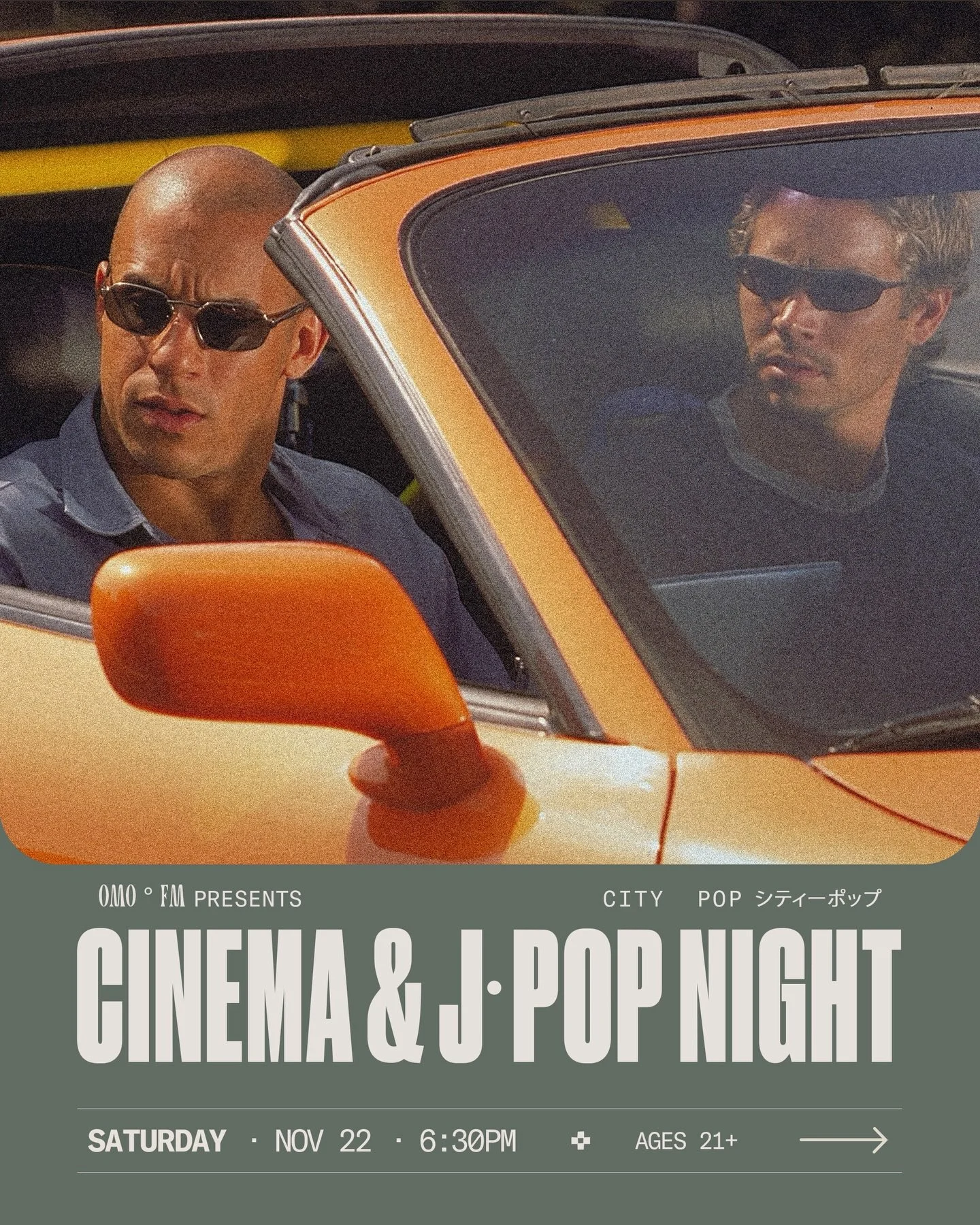 If you usually skip Cinema Wednesdays, this is your night to soak in Cinema on a Saturday (very rare). 

We&rsquo;ll have our Omo&ordm;FM Japanese City Pop house playlist running all day and into the night, then at 6:30 indoors, we&rsquo;re showing T