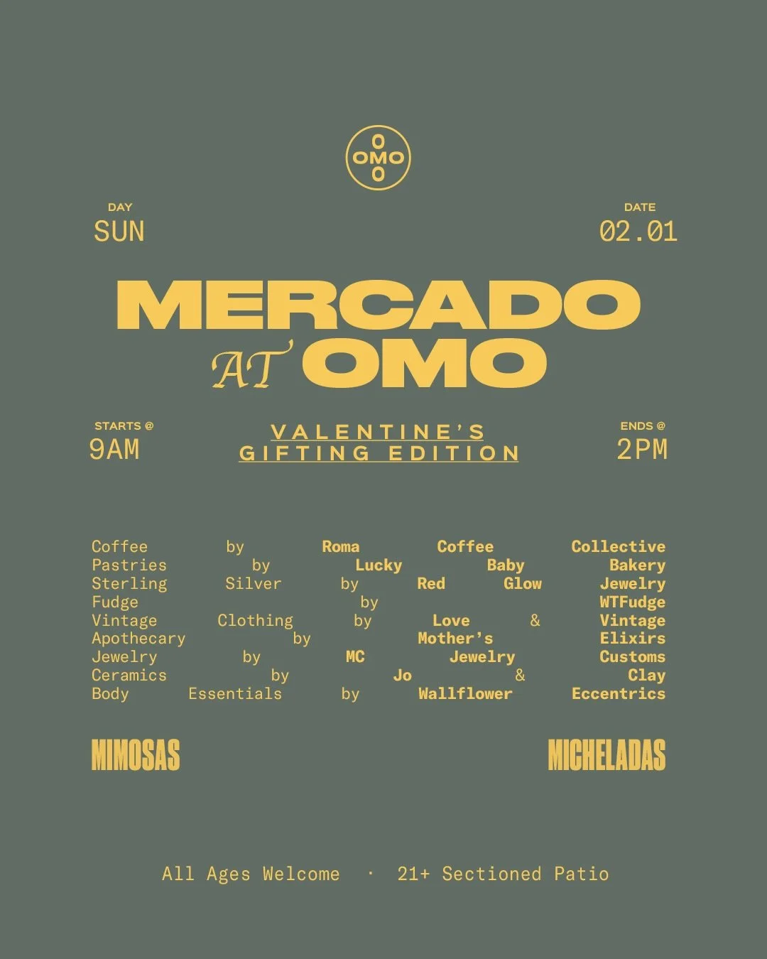 This Month&rsquo;s Mercado at Omo &middot; Valentine&rsquo;s Gifting Edition

Explore the curated vendors just in time for a little Vday gifting, Come snag a Mimosa or Michelada out on our 21+ sectioned patio. 

Mercado at Omo is a monthly market cre