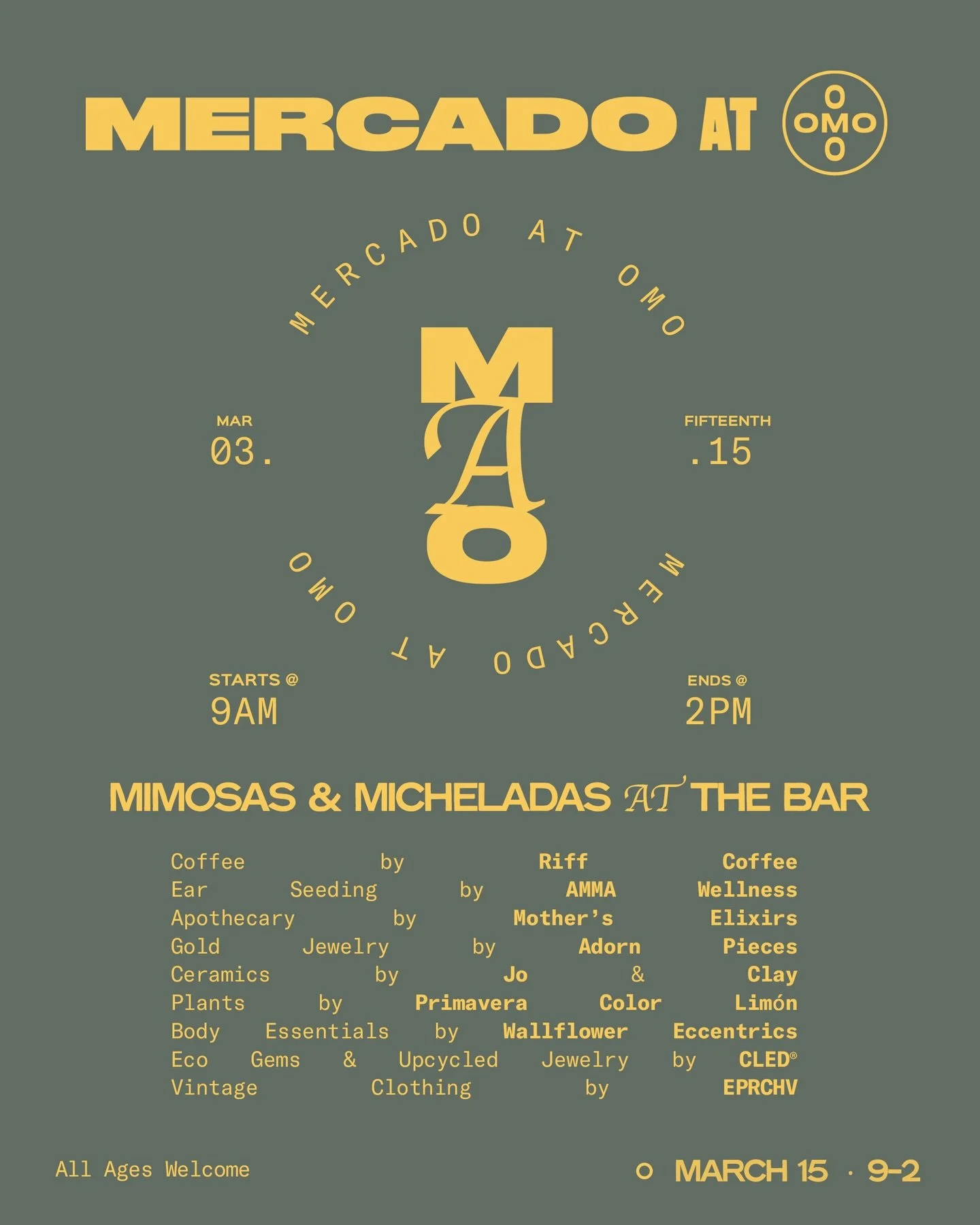 Mercado at Omo

Mimosas and Micheladas will be pouring at the bar! 

Vendors &darr;
Coffee by @riffcoffeeco Ear Seeding by @amma.wellness Apothecary by @motherselixirs Gold Jewelry by @adorn_pieces Ceramics by @joandclay Plants by @primaveracolo