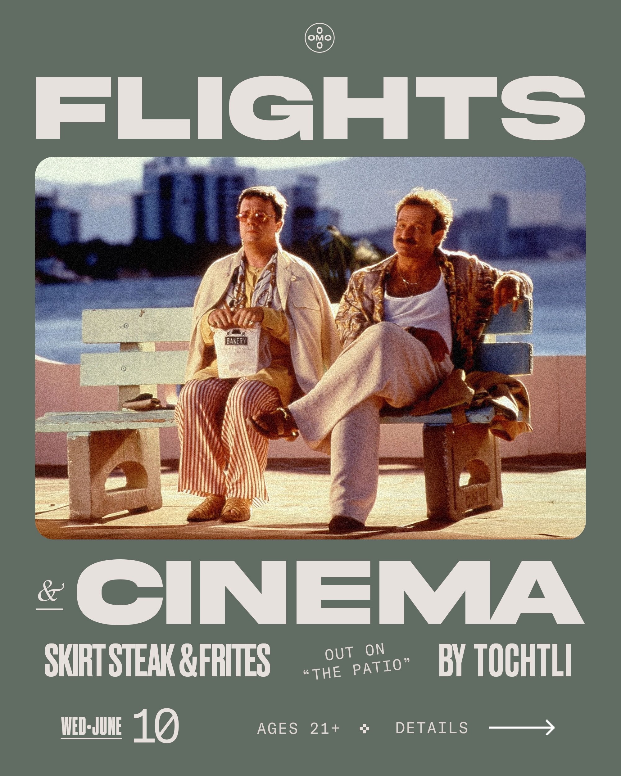 This Wednesday 

Flights &rarr; All Day &middot; 4PM&mdash;10PM
Food by Tochtli &rarr; 6PM
Cinema &rarr; The Birdcage (1996) &middot; Pride Series &rarr; At Sundown

See you there.

𝗗𝗔𝗧𝗘 &bull; Wednesday, June 10
𝗧𝗜𝗠𝗘 &bull; Starts at 6

Ages