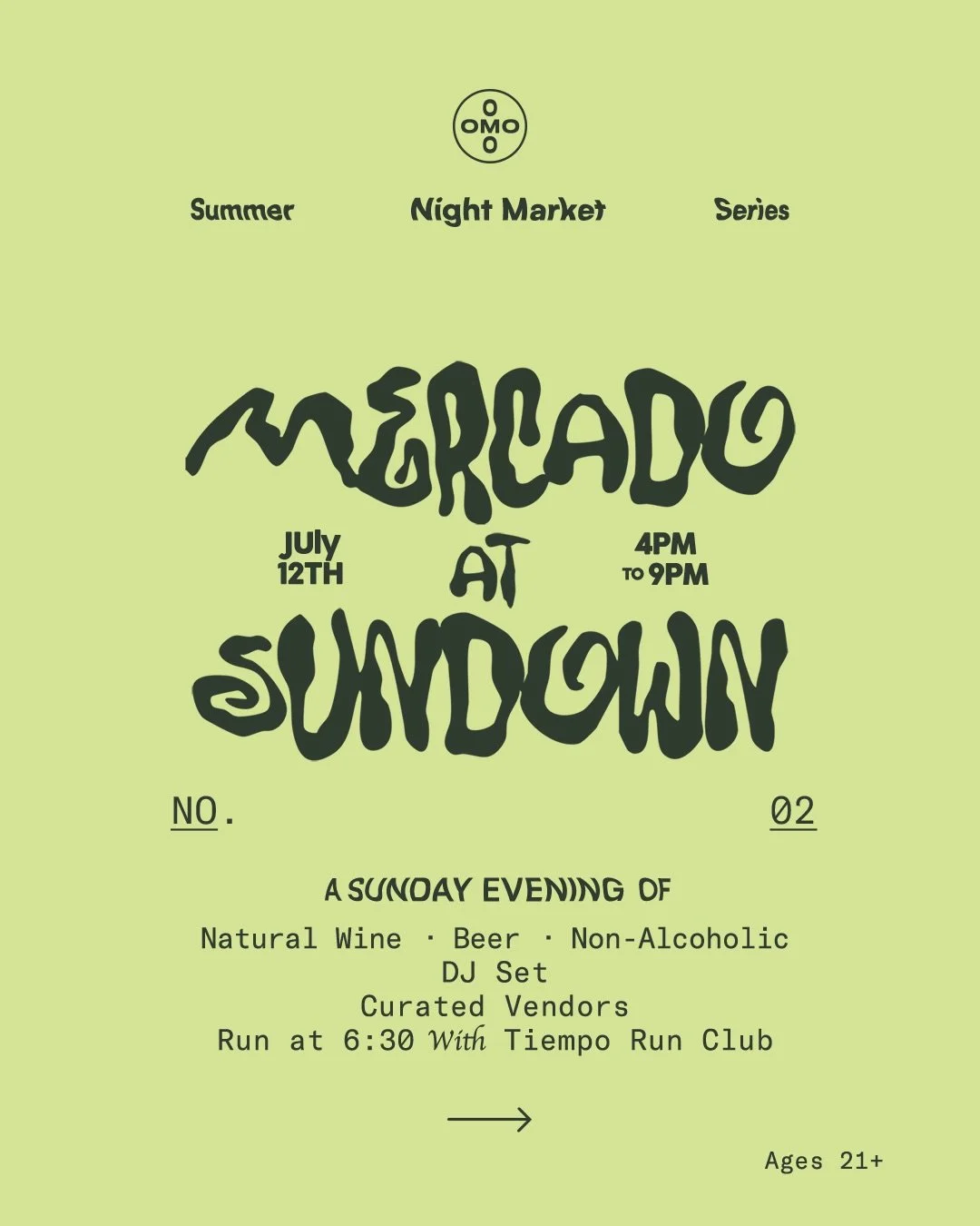 Mercado at Sundown &rarr; This Sunday
Our Monthly Summer Series &bull; No. 02

Natural Wine &amp; Beer + Non-Alcoholic Options
DJ Set
Vendors

Food by @casamachasalsa 
Clothing by Mates
Gel-X + Tooth Gems by @junkjems 
Handmade Bags by @forkandthread