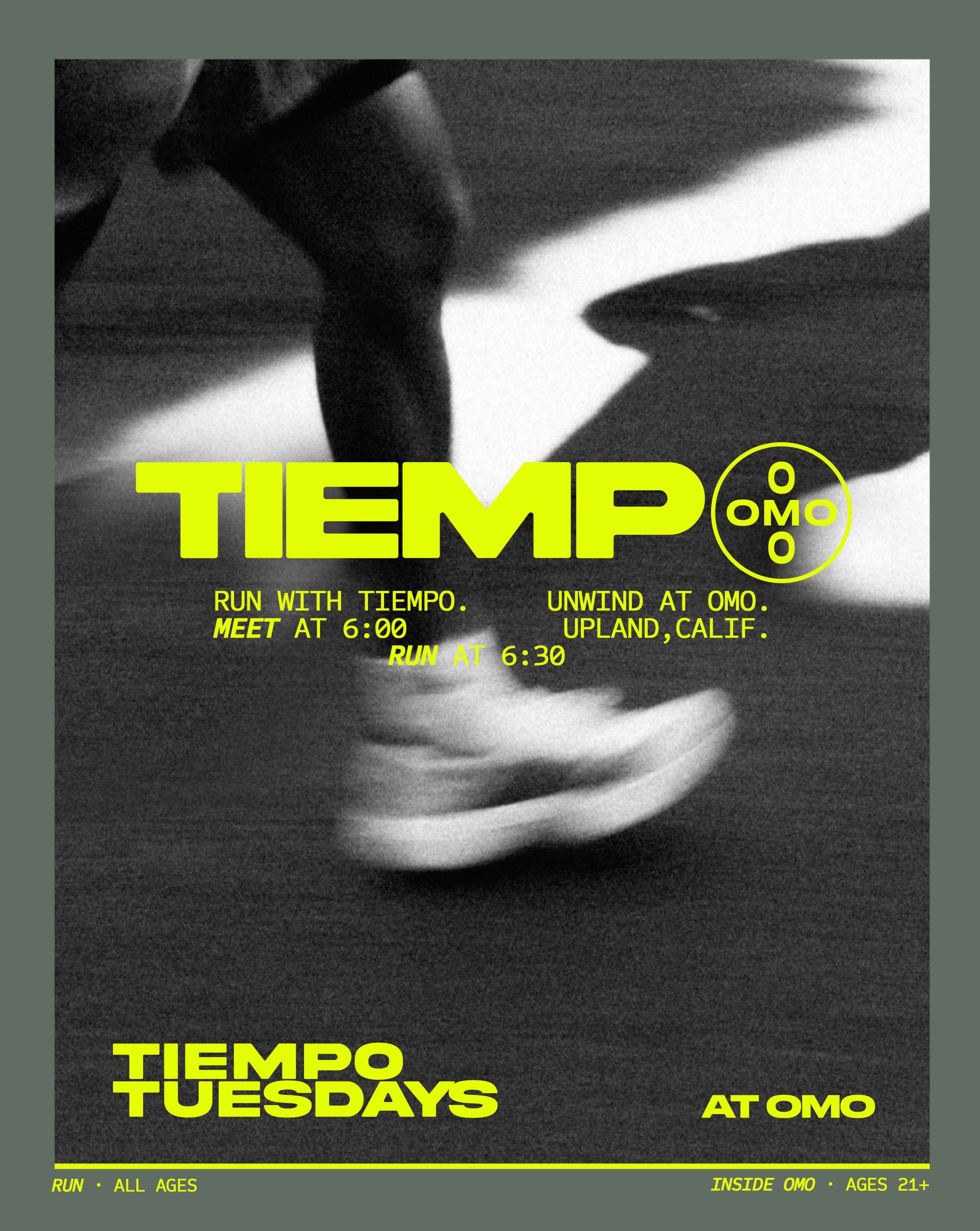𝗧𝗶𝗲𝗺𝗽𝗼 𝗧𝘂𝗲𝘀𝗱𝗮𝘆𝘀 𝗮𝘁 𝗢𝗺𝗼
Run with Tiempo. Unwind at Omo.

This summer, Omo is Tiempo&rsquo;s Tuesday home base. 
Join the run, stay for a glass (or bottles!), and spend the evening with the community. Whether you&rsquo;re logging mil