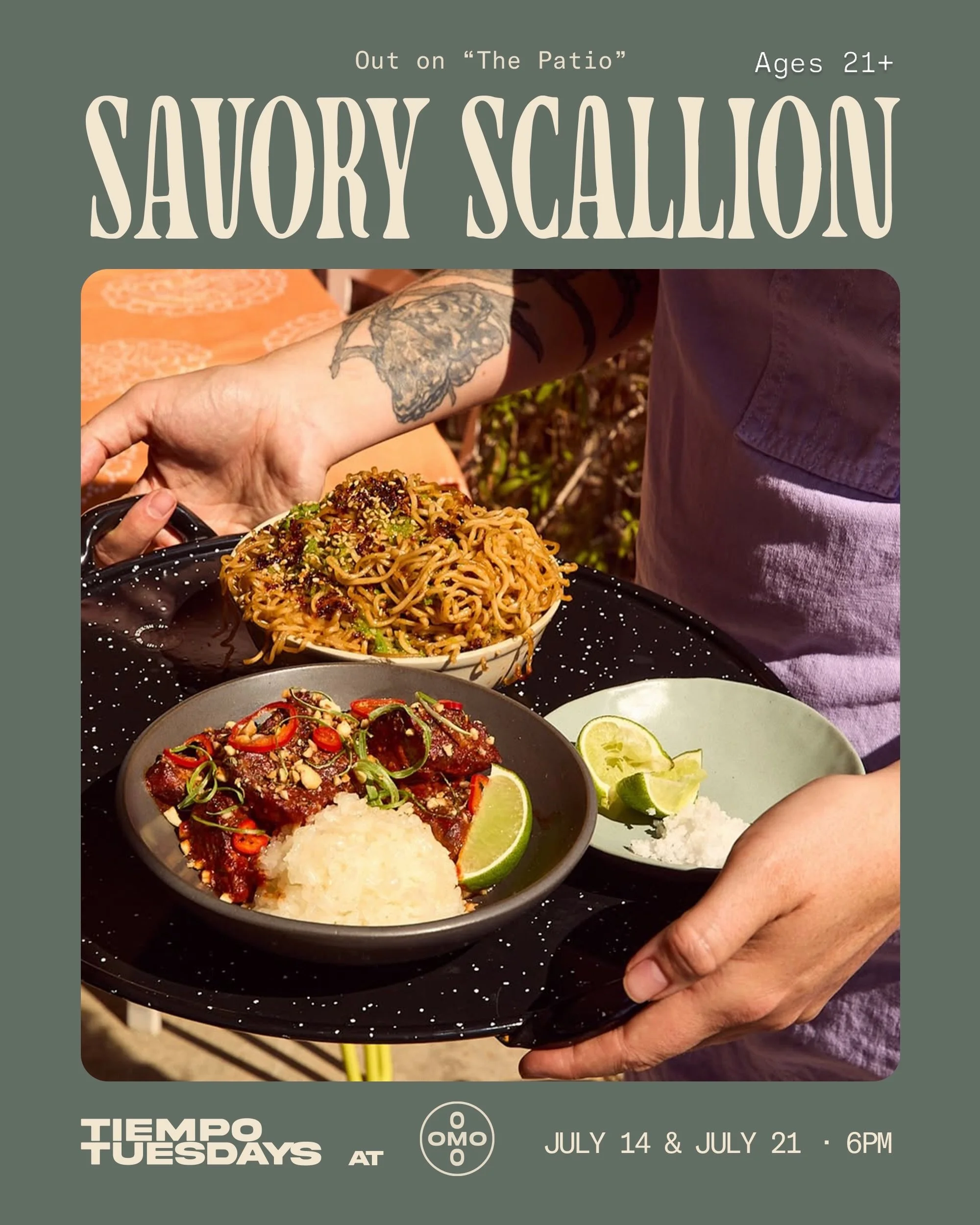 Happening tomorrow out on &ldquo;The Patio&rdquo;, @savoryscallion is serving up the classics. Grab your crew and slide in. 

Tiempo Tuesdays at Omo
Every Tuesday, Tiempo Run Club calls Omo home. Meet at 6, run the pavement at 6:30, then head back to