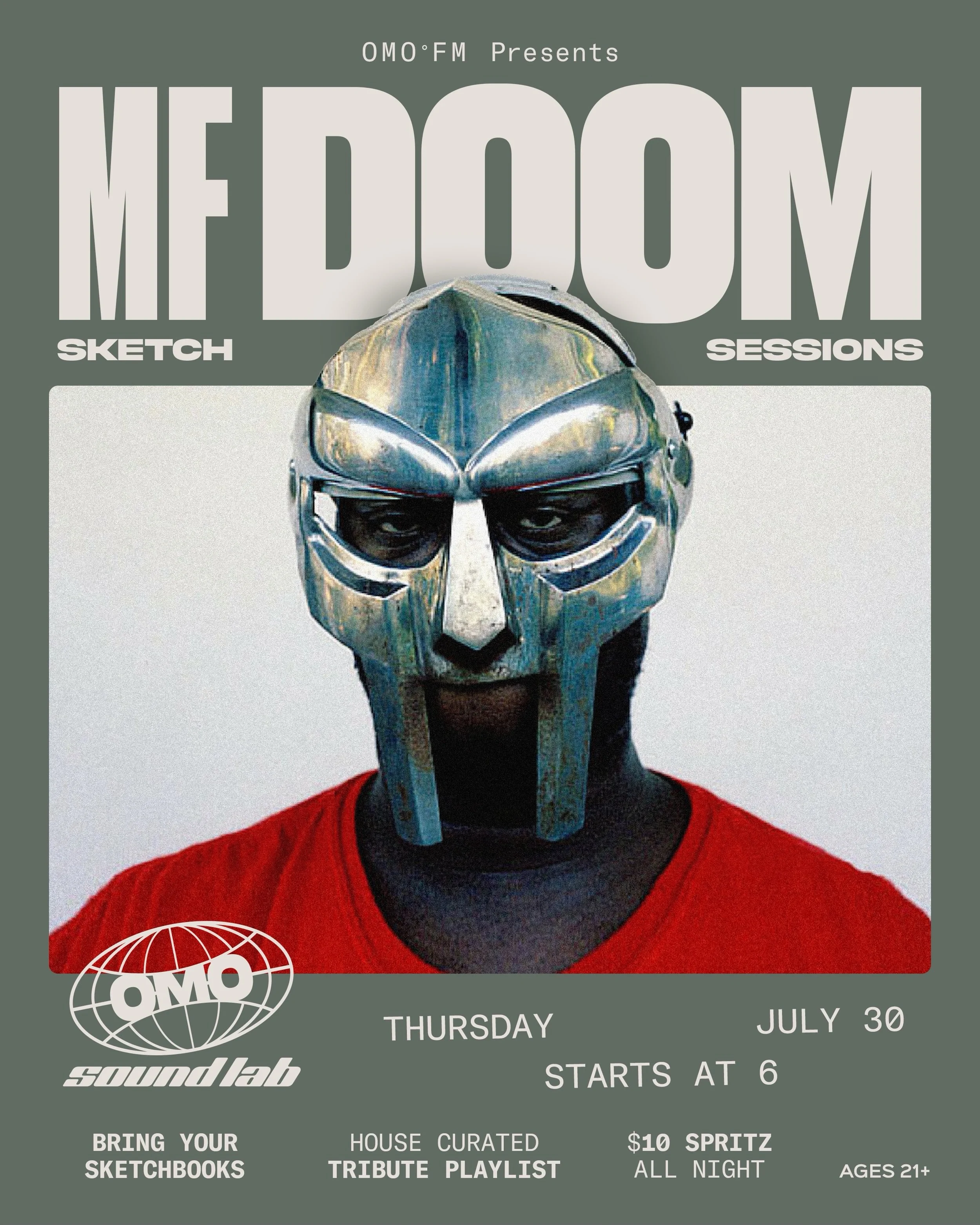 𝙾𝙼𝙾&deg;𝙵𝙼 presents &middot; MF DOOM &amp; Friends + Sketch Sessions

A house-curated selection of MF DOOM and the sounds that shaped his world. A night for sketchbooks, gritty sounds, and getting lost in the visuals.

Bring your sketchbook and 