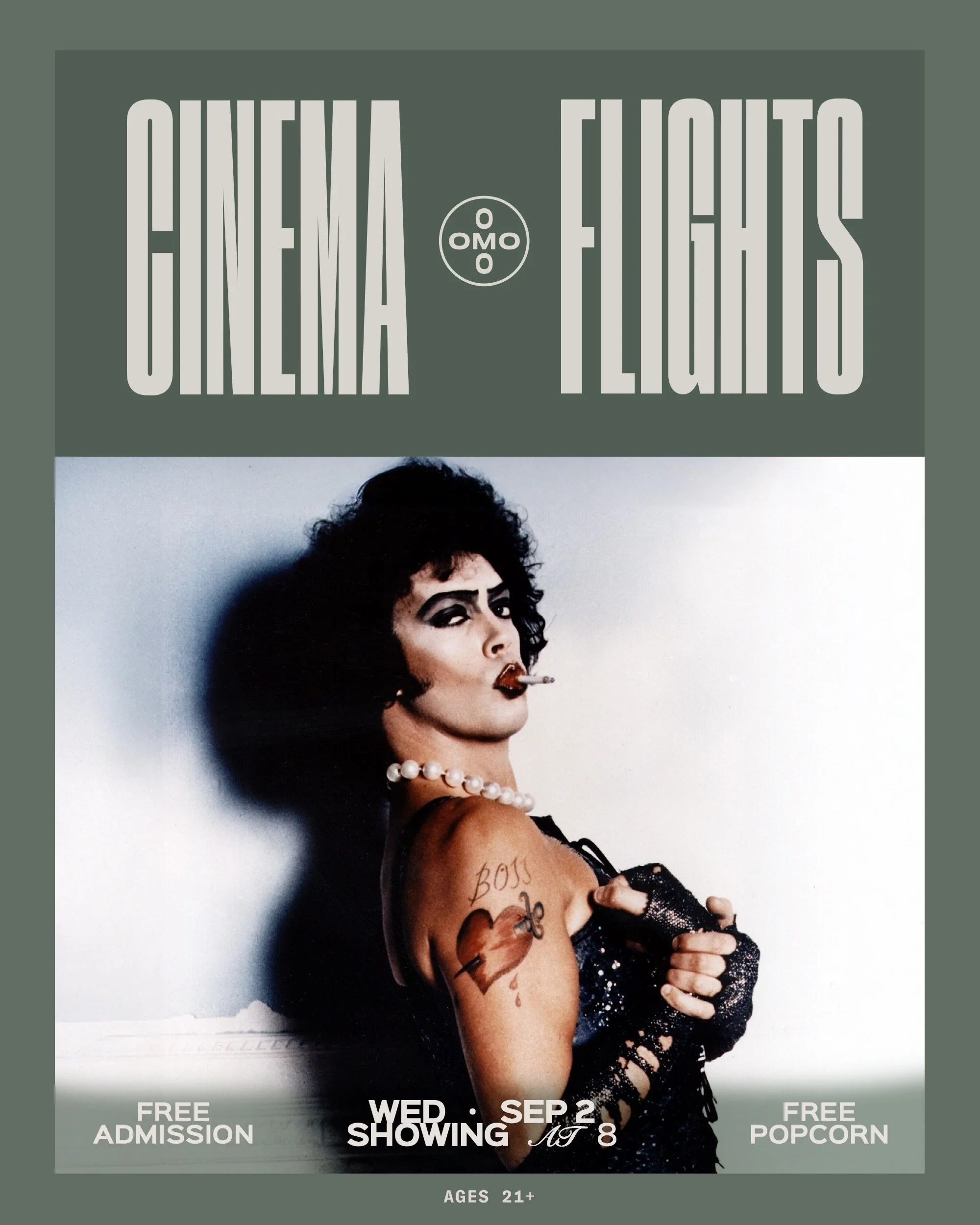 Cinema at Omo &middot; The Rocky Horror Picture Show
In honor of Tim Curry.

A cult classic on the projector. Wine flights. 
A little strange, a little sexy, exactly the way we like it.

Bring your own food. See you there!

𝗗𝗔𝗧𝗘 &bull; Wednesday,