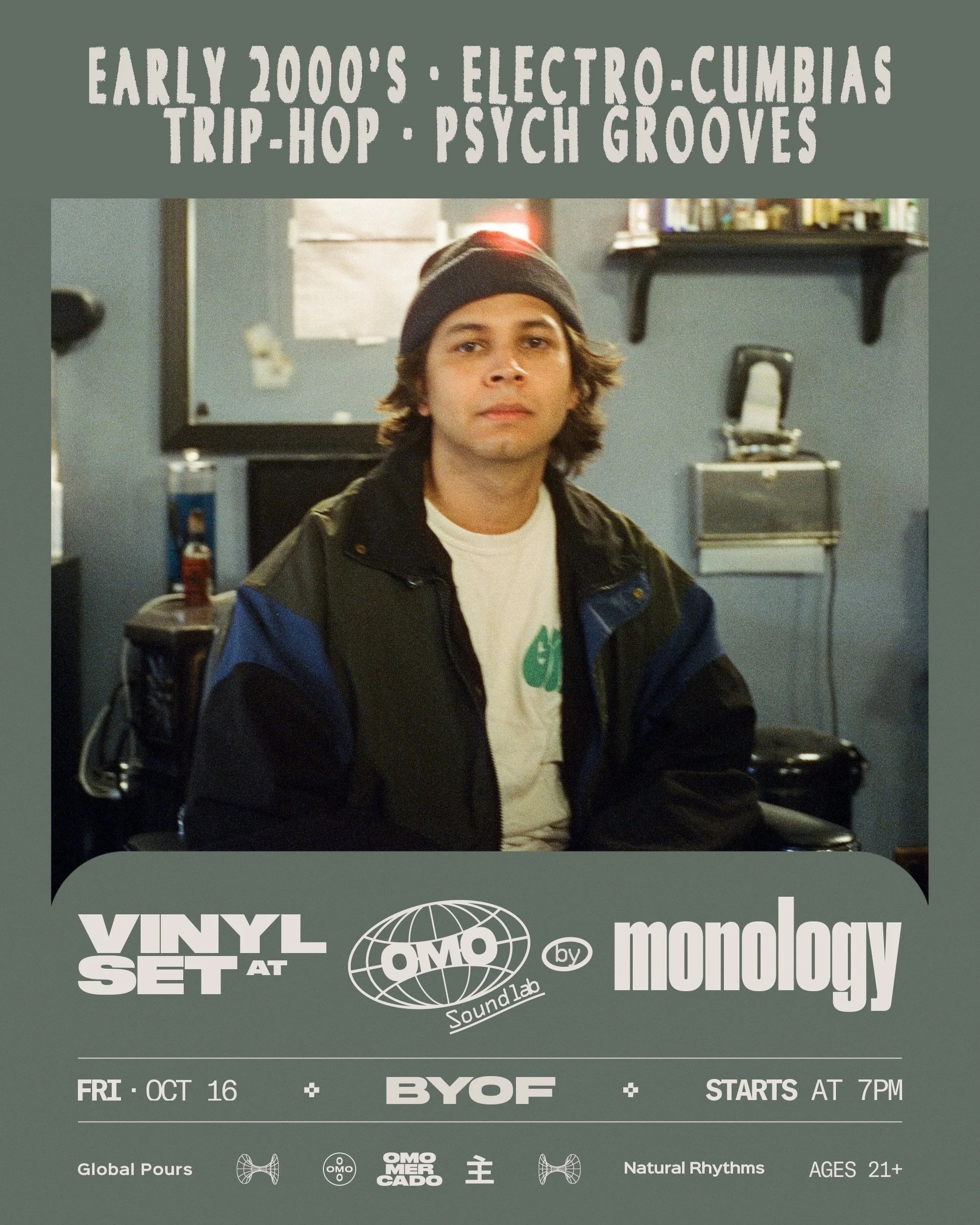 This Friday night, Monology sets things in motion with his first live DJ set at Omo. Let&rsquo;s show him the warm welcome you all are so good at.

Natty pours, disco ball glow, and natural rhythms to carry us through the night.

Step in.

BYOF &midd