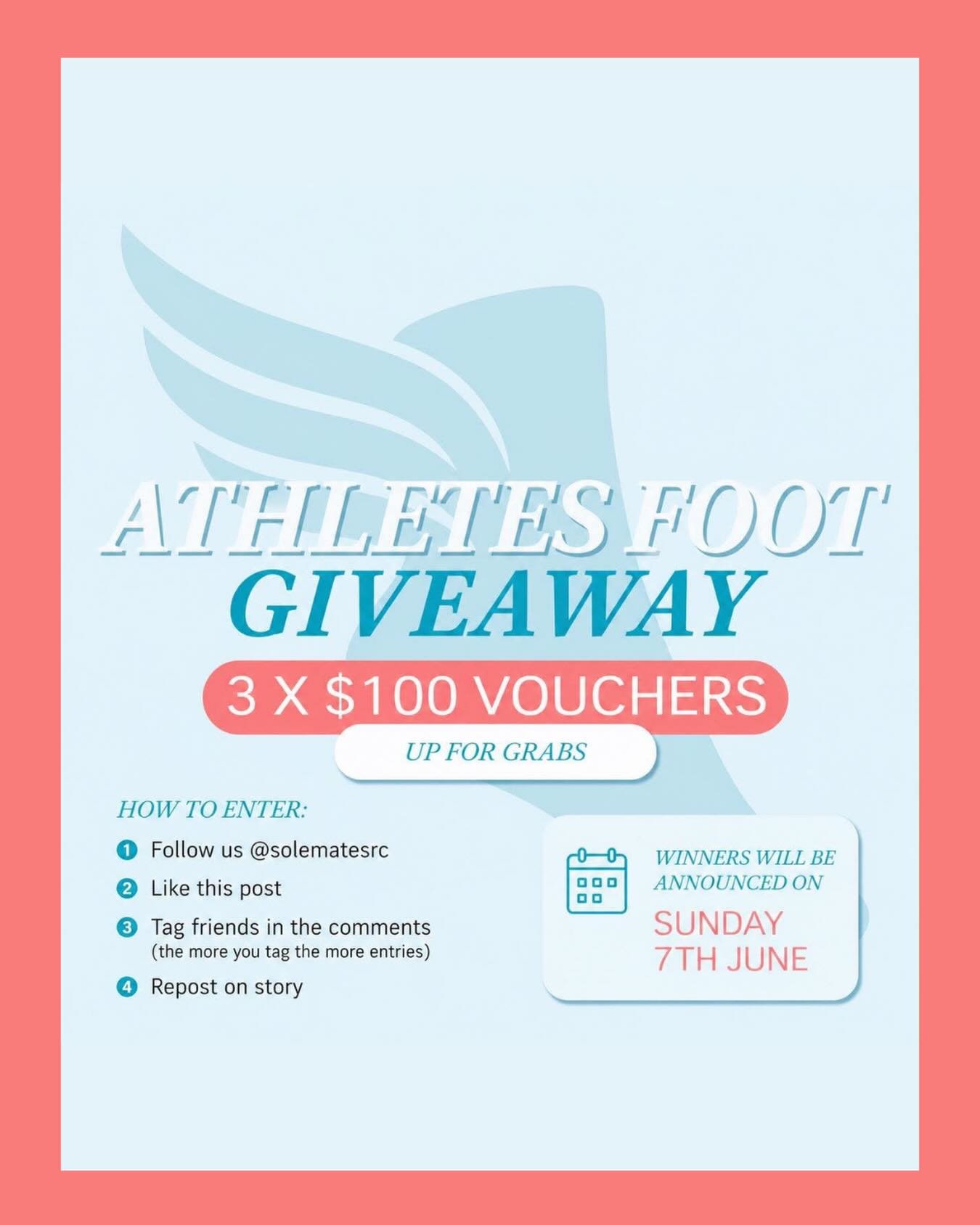 ATHLETES FOOT VOUCHER GIVEAWAY🤩

We&rsquo;ve teamed up with Athletes Foot Mt Gravatt to give away 3 x $100 vouchers! 

Here&rsquo;s how to enter the draw to win!
1️⃣ make sure you&rsquo;re following @solematesrc
2️⃣ Like this post
3️⃣ Comment and ta