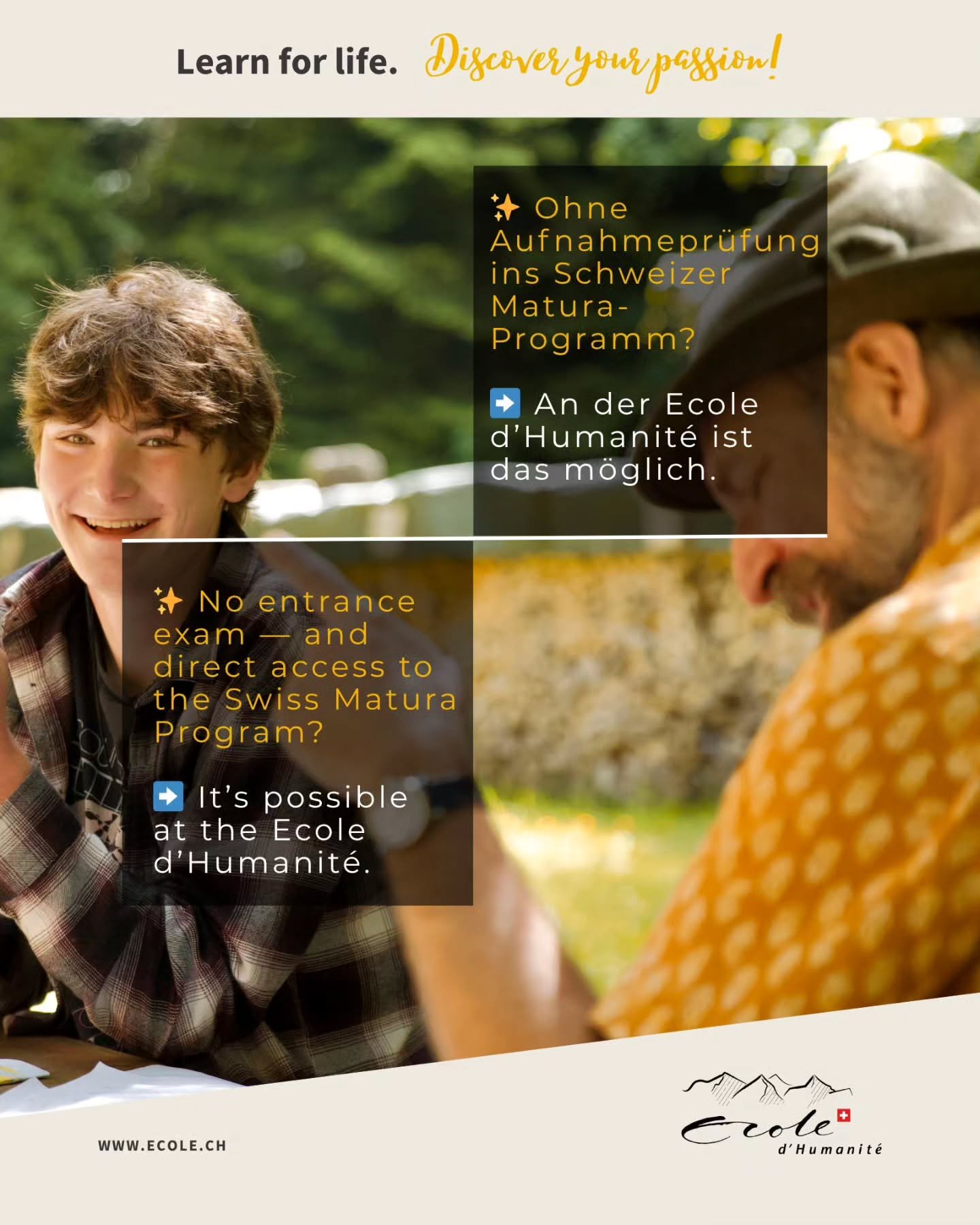 ✨ Ohne Aufnahmepr&uuml;fung ins Schweizer Matura-Programm?
 An der Ecole d&rsquo;Humanit&eacute; z&auml;hlt die pers&ouml;nliche Passung: Neugier, Motivation und Potenzial.

 Warum das eine echte Alternative ist &ndash; im Blogpost. 🧠📘

👉🏻 Zum Be