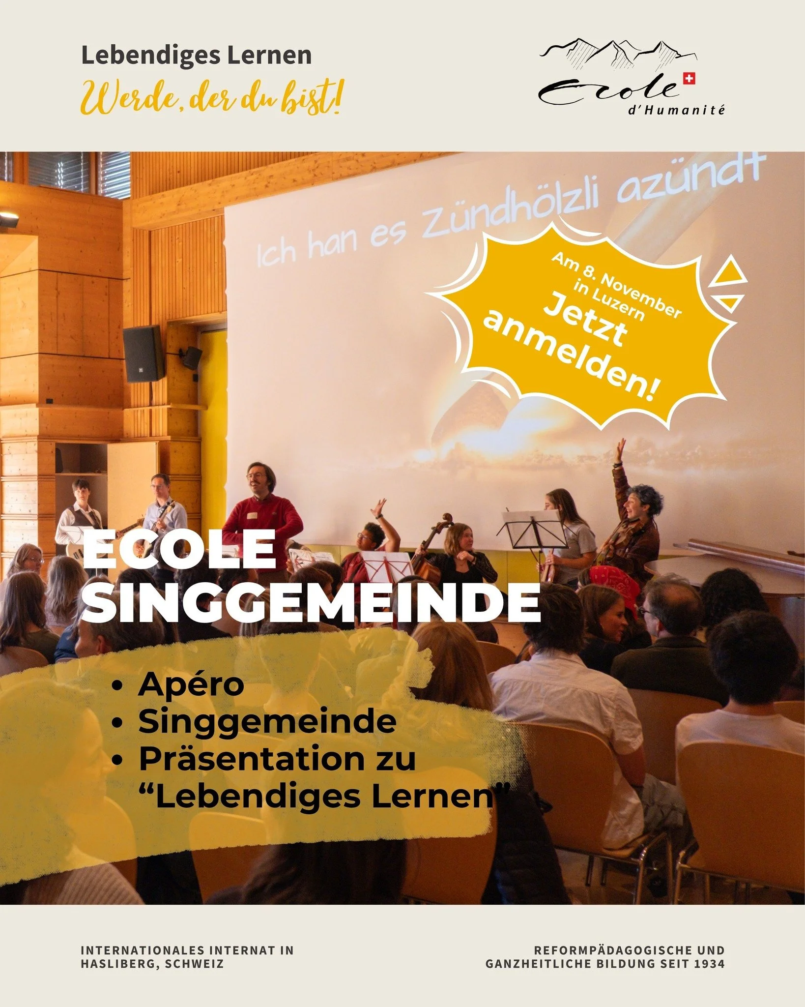 🎶 Singgemeinde in Luzern – am 8. November
🕒 Ablauf:
 • Singgemeinde
 • Apéro
 • Präsentation über «Lebendiges Lernen»
👉 Anmeldeformular und weitere Informationen: https://docs.google.com/forms/d/