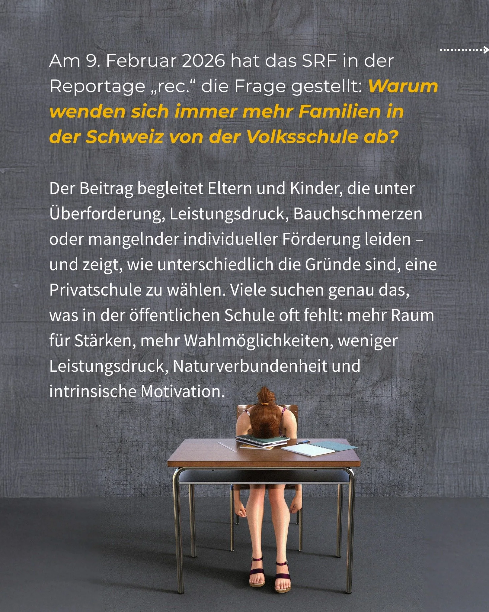 @srfschweizerradioundfernsehen  greift eine Diskussion auf, die viele Familien schon l&auml;nger besch&auml;ftigt.

Wie viel Druck braucht Schule wirklich?
Wie viel Freiheit tut jungen Menschen gut?
Und wo entsteht echte Motivation?

Manche Antworten
