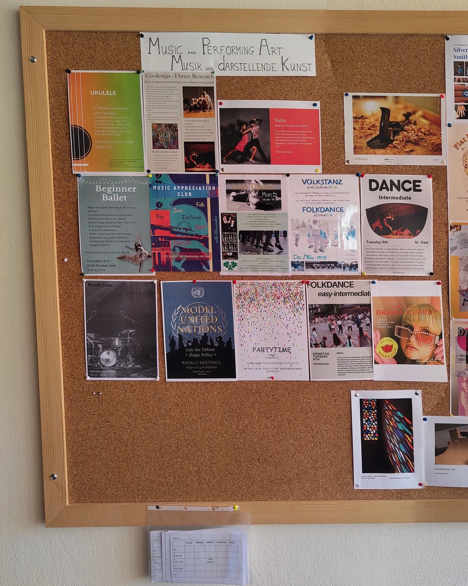 🎯 Co-Curricular Choices at the Start of Term

At the beginning of each term, students choose their co-curricular courses from the full range on offer.

This board in Max Cassirer Hall shows the current selection &ndash; everything in one place, read