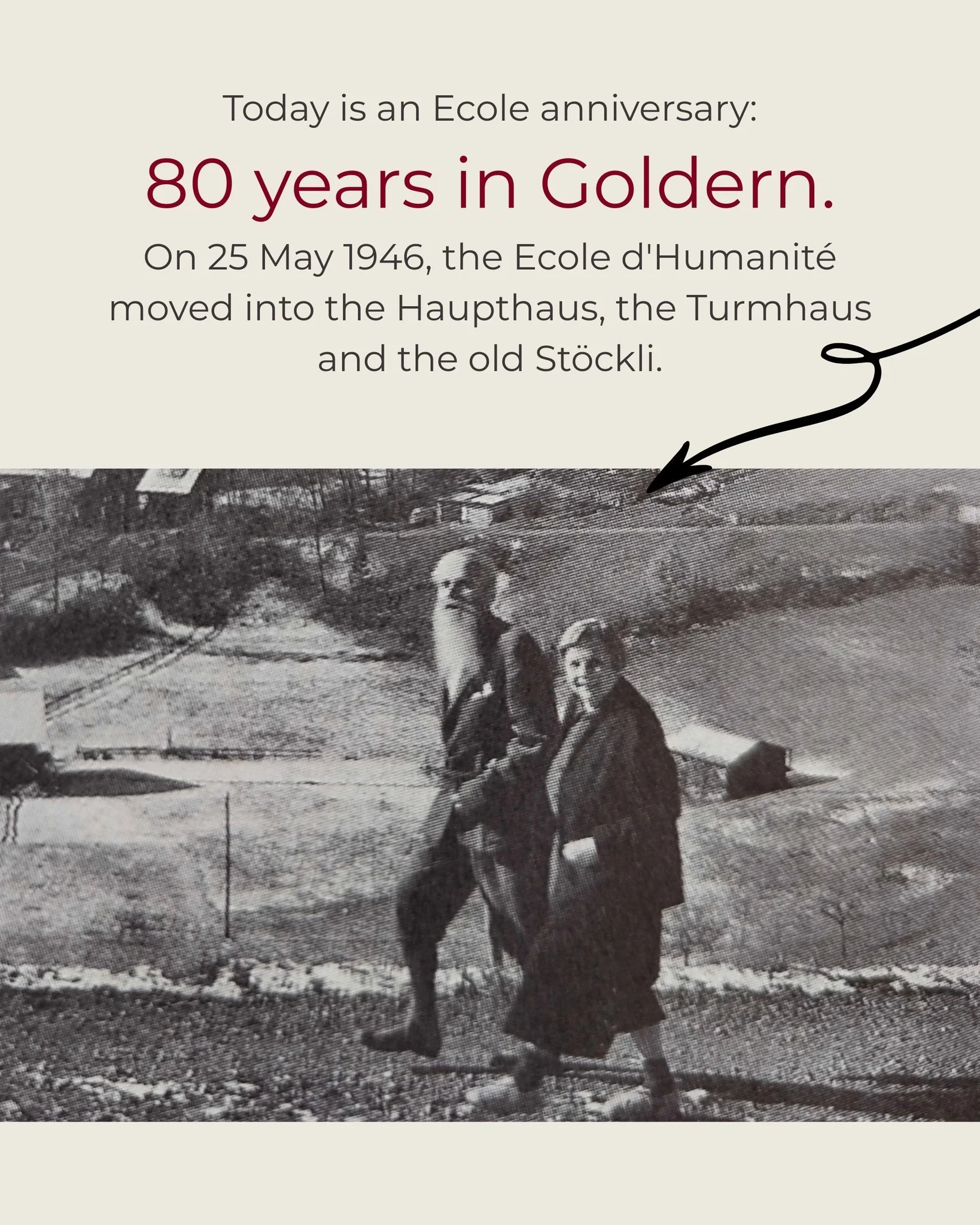 🎂 Exactly 80 years ago today &ndash; on 25 May 1946 &ndash; Paulus and Edith Geheeb arrived in Hasliberg Goldern with around 50 pupils from all over the world.

The buses were too heavy for the road: a fine on day one. The first thing the children d
