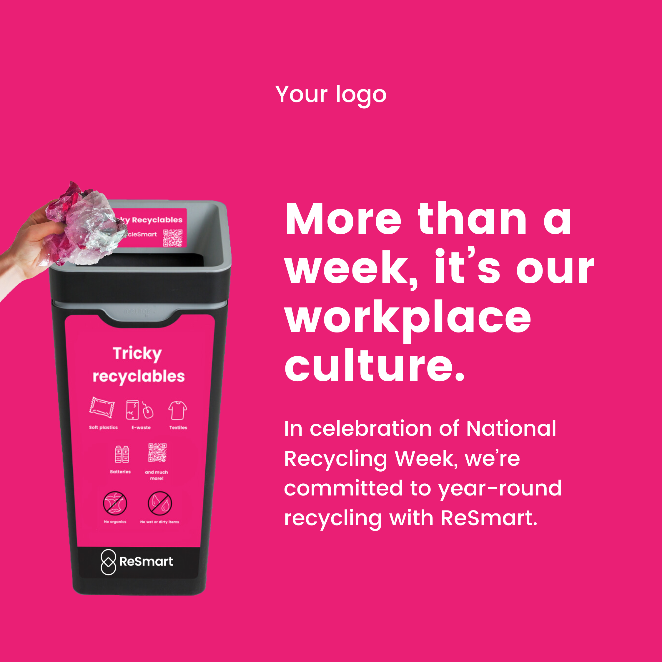 Pink recycling bin labeled 'Tricky recyclables' with icons for soft plastics, e-waste, textiles, batteries, and more, during National Recycling Week.