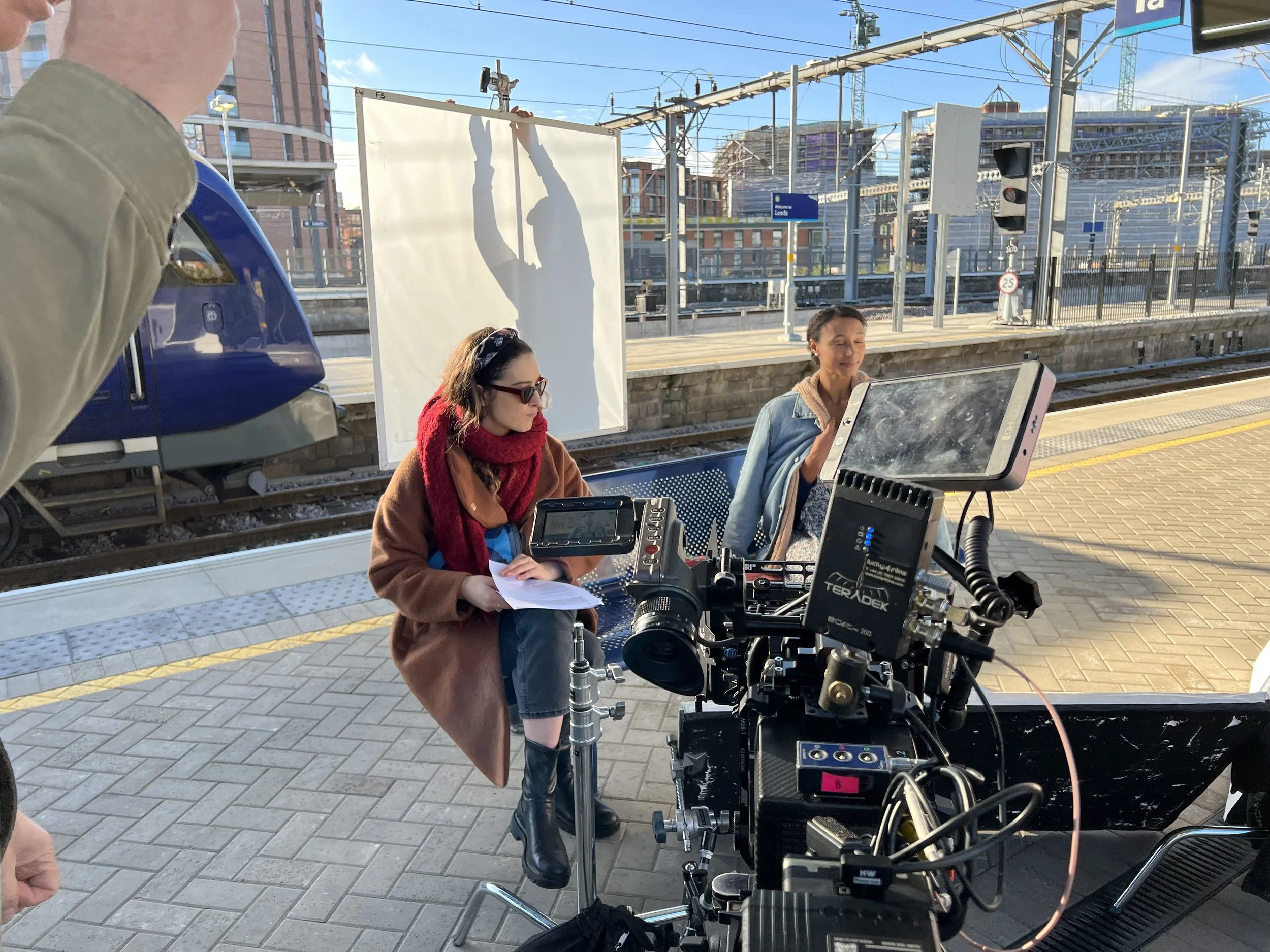 Behind the scenes of filming at Leeds station, with camera equipment