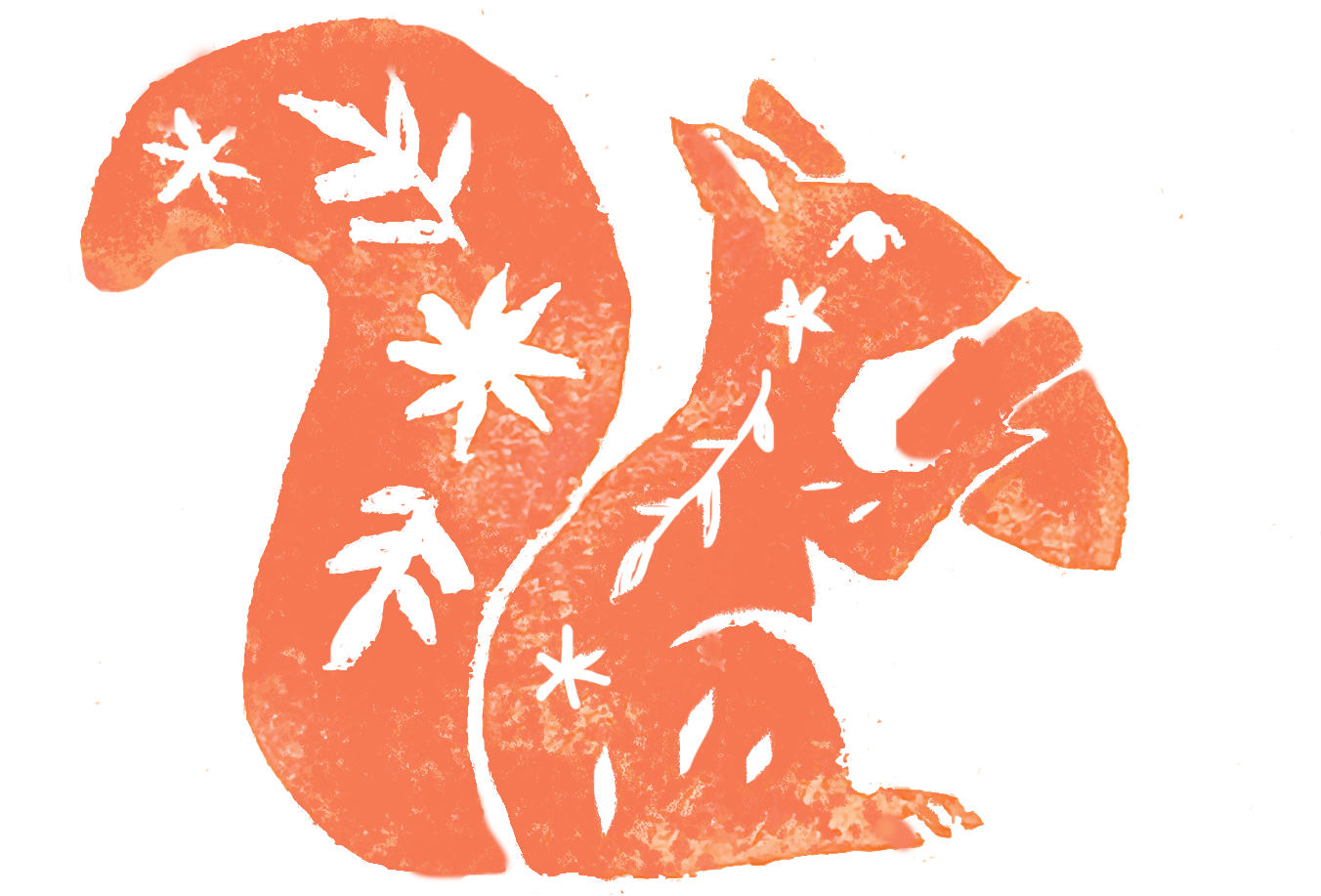Lino carved orange squirrel, made by Pauline Klieber