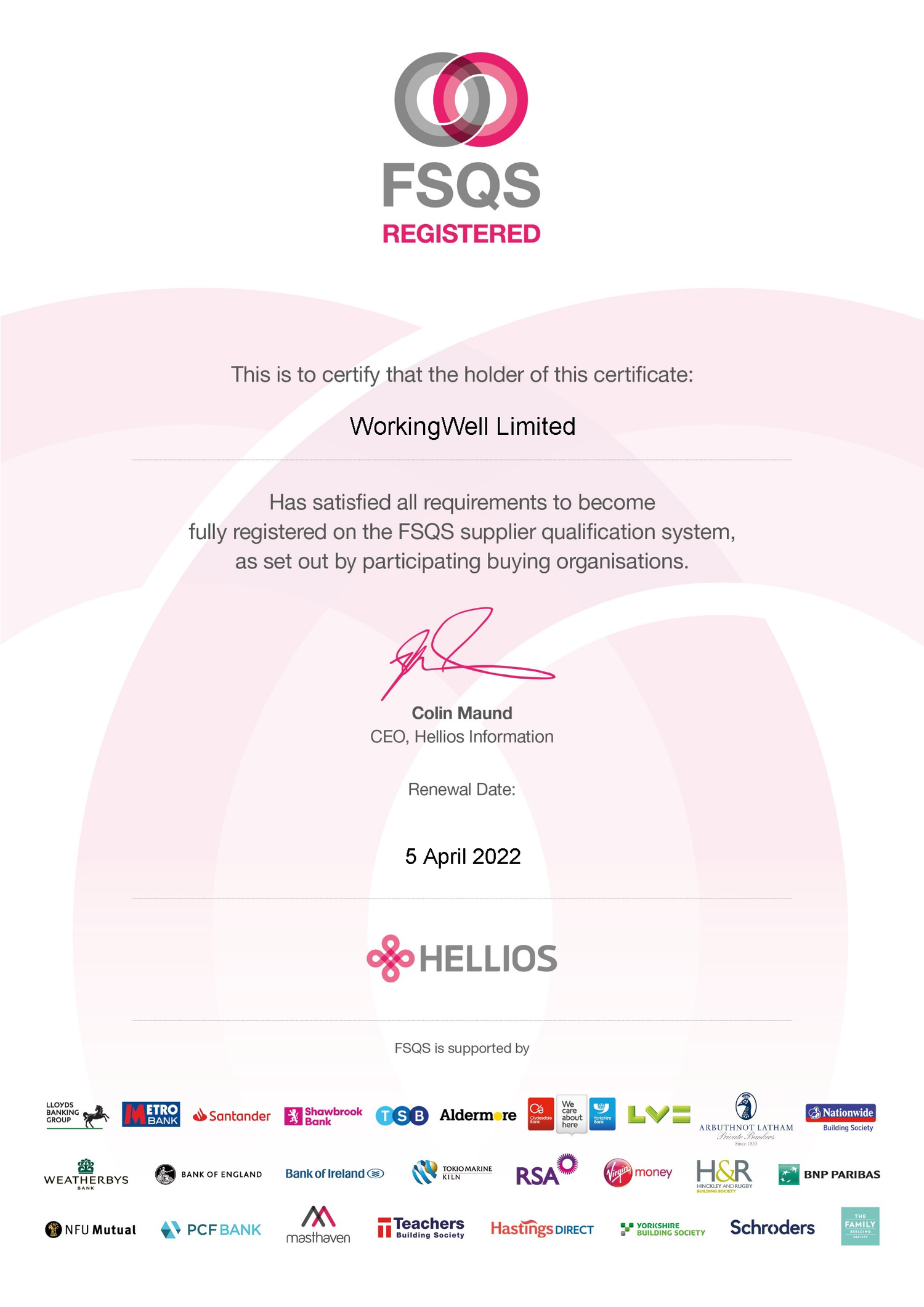 FSQS Certificate — WorkingWell