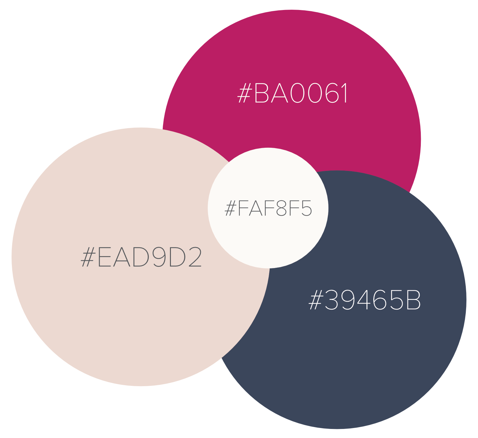 Ein kreisförmiges Farbschema mit vier überlappenden Kreisen, die Farbcode-Labels enthalten: #BA0061, #EAD9D2, #39465B und #FAF8F5, mit einer kleinen mittleren Überlappung.