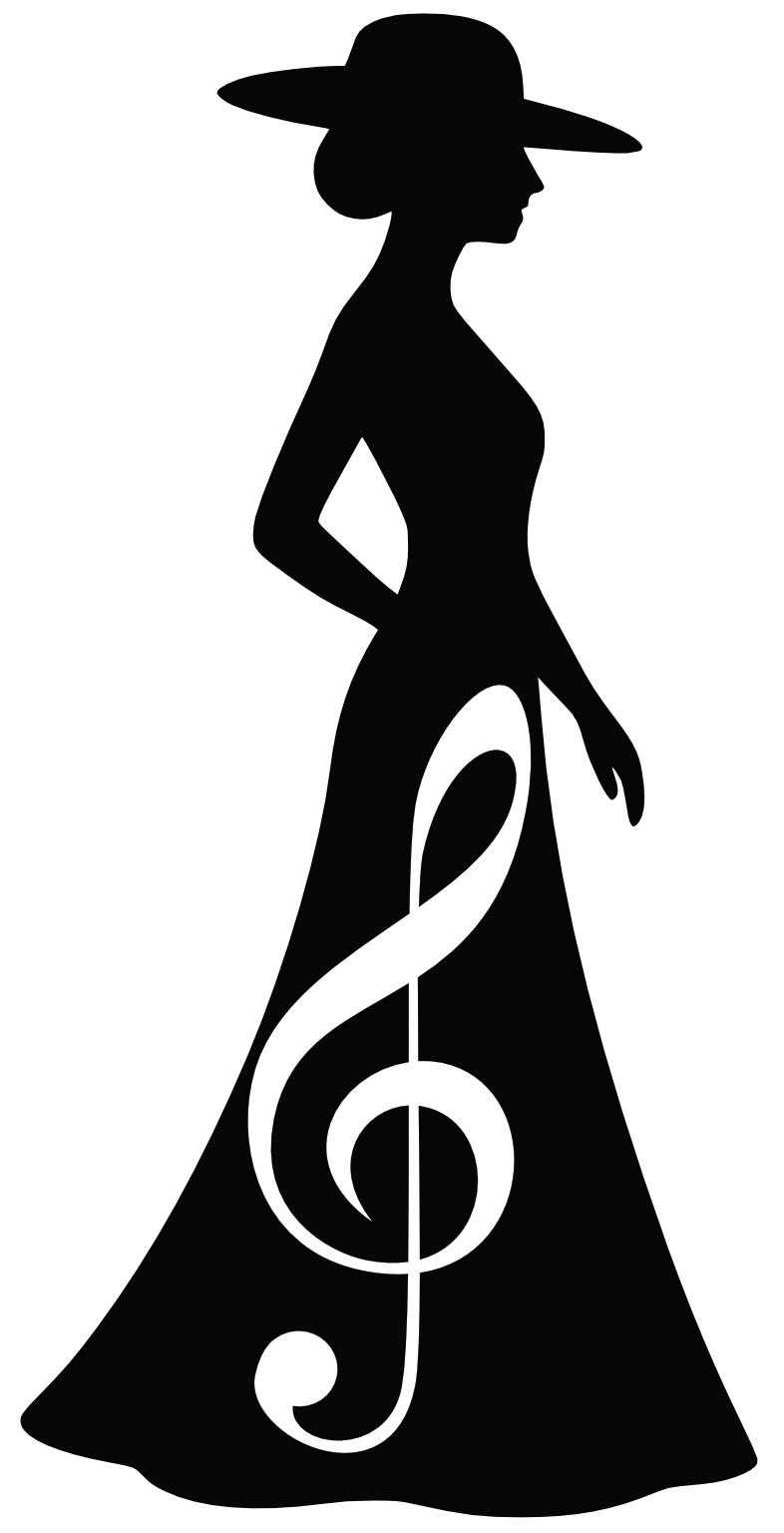 Schatten einer Frau mit Hut, die auf eine große weiße Musiknote tritt.