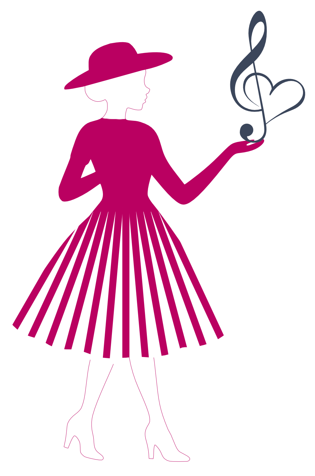Eine stilisierte Silhouette einer Frau in pinker Kleidung, die einen Hut trägt und eine Hand hebt, auf der eine musikalische Note mit Herz formt.