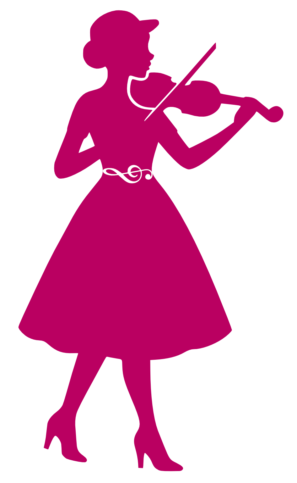 Silhouette einer Frau, die ein Dirigentenpult und ein Geigeninstrument spielt, in Pink auf schwarzem Hintergrund.