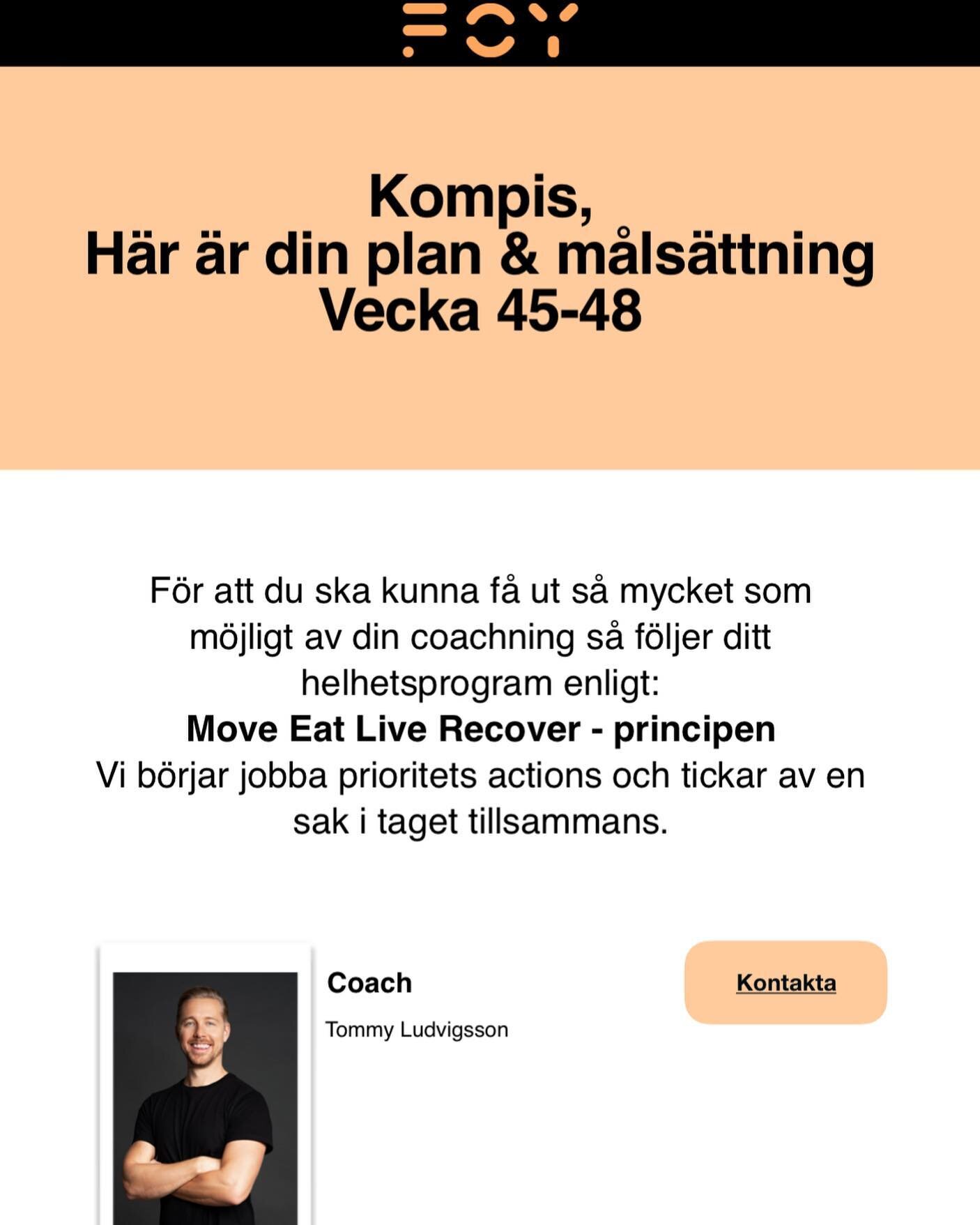 S&aring;h&auml;r ser inledningen ut till dina program. Det f&aring;r du utefter konsultation och m&aring;ls&auml;ttning med din Foy Coach. Vi jobbar mycket utefter vad vi kallar &ldquo;Micro Actions&rdquo; Det ger dig ett helhetsgrepp och du har allt