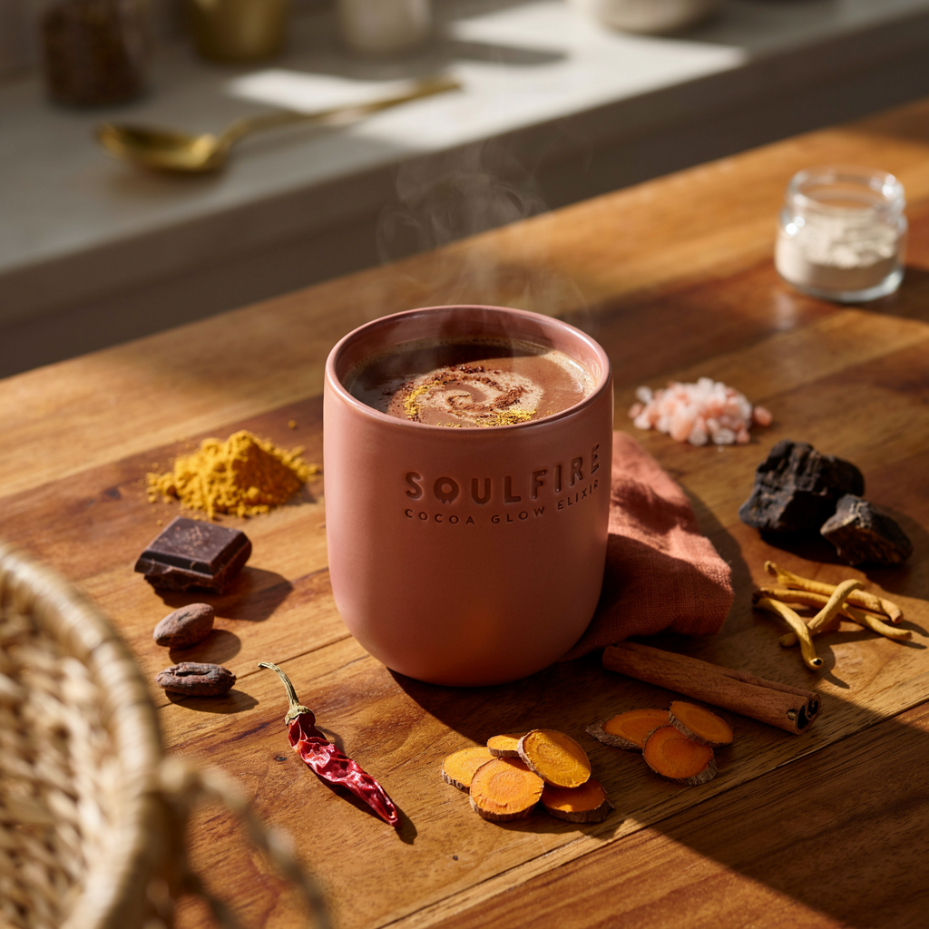 Soulfire Cacao Glow Elixir: Adaptogenic Mushroom Hot Chocolate Mix for Focus, Energy, Immunity &amp; Gut Health