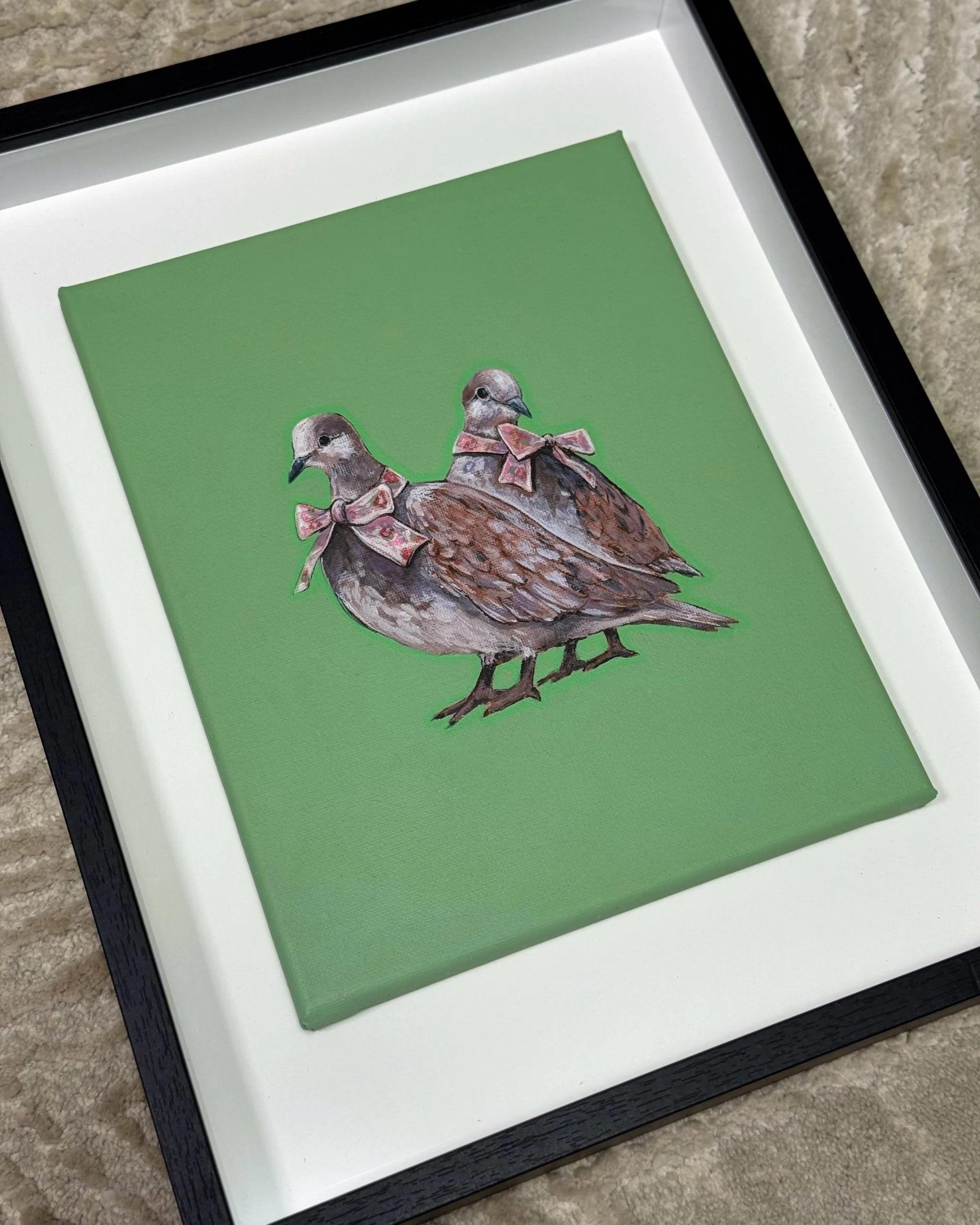 Vintage Two Turtle Doves Painting – Framed Original + Limited Edition Prints