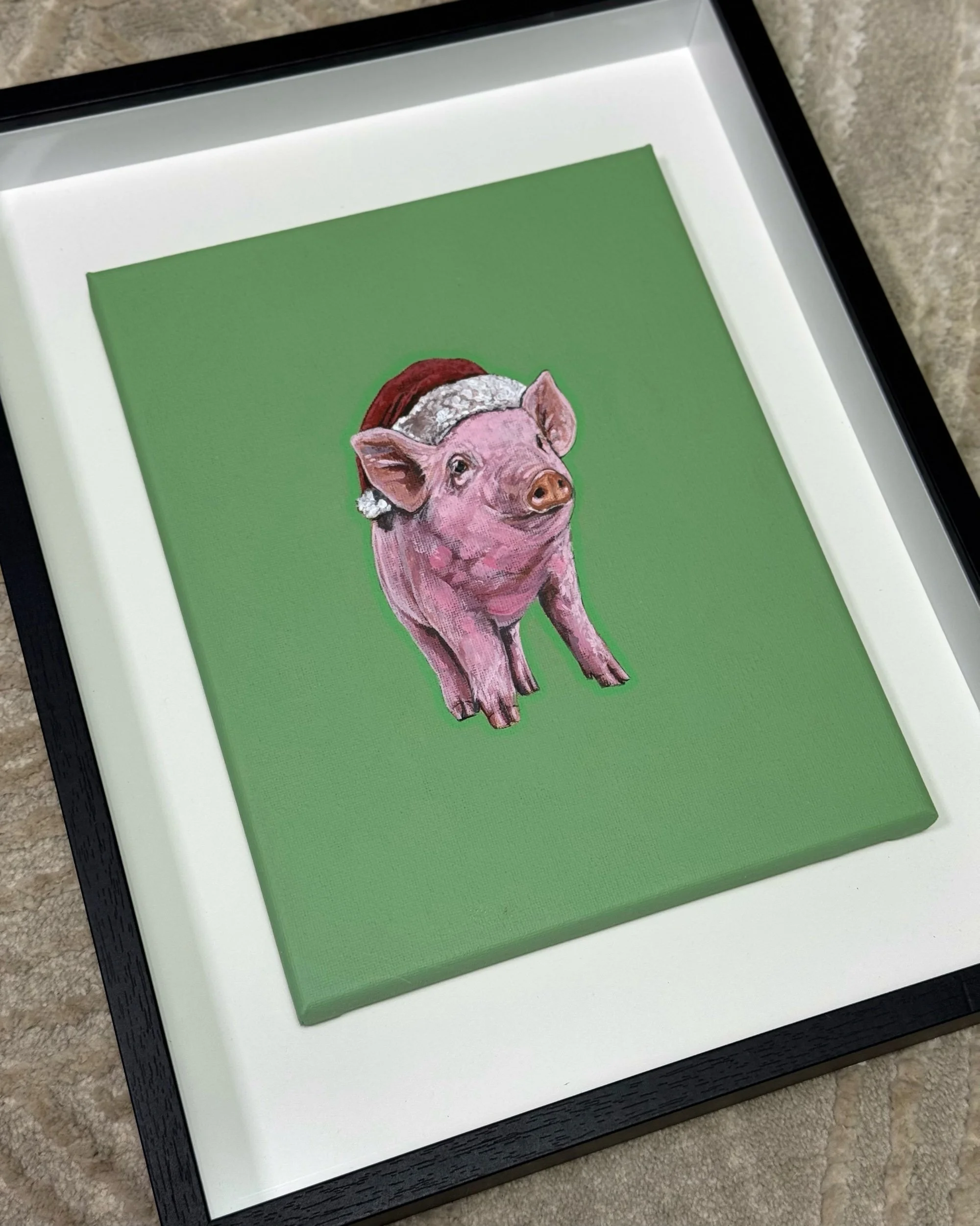 Vintage Santa Pig Painting – Framed Original + Limited Edition Prints