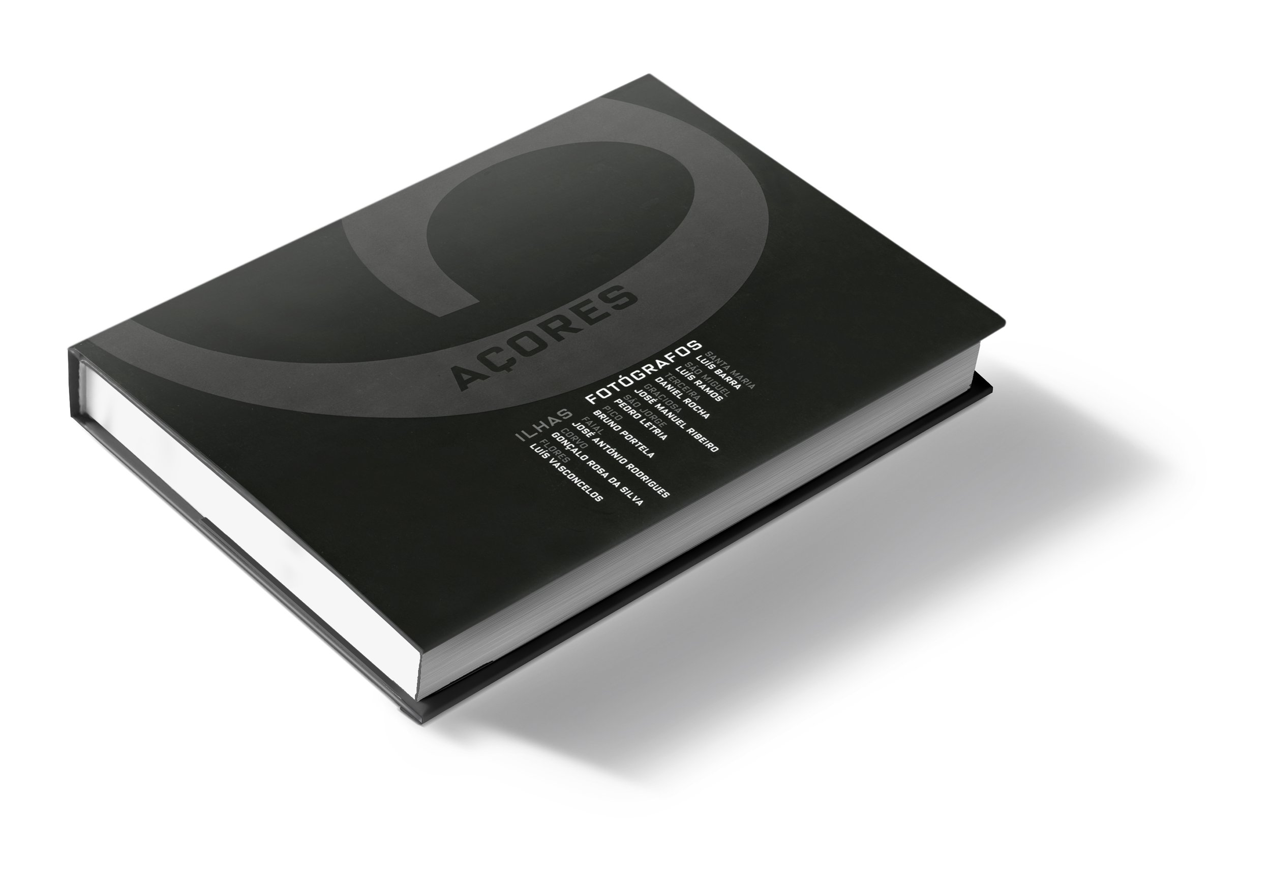 A hardcover book titled 'Açores' featuring large black lettering and a minimalist design on the cover, with names of various photographers listed below.