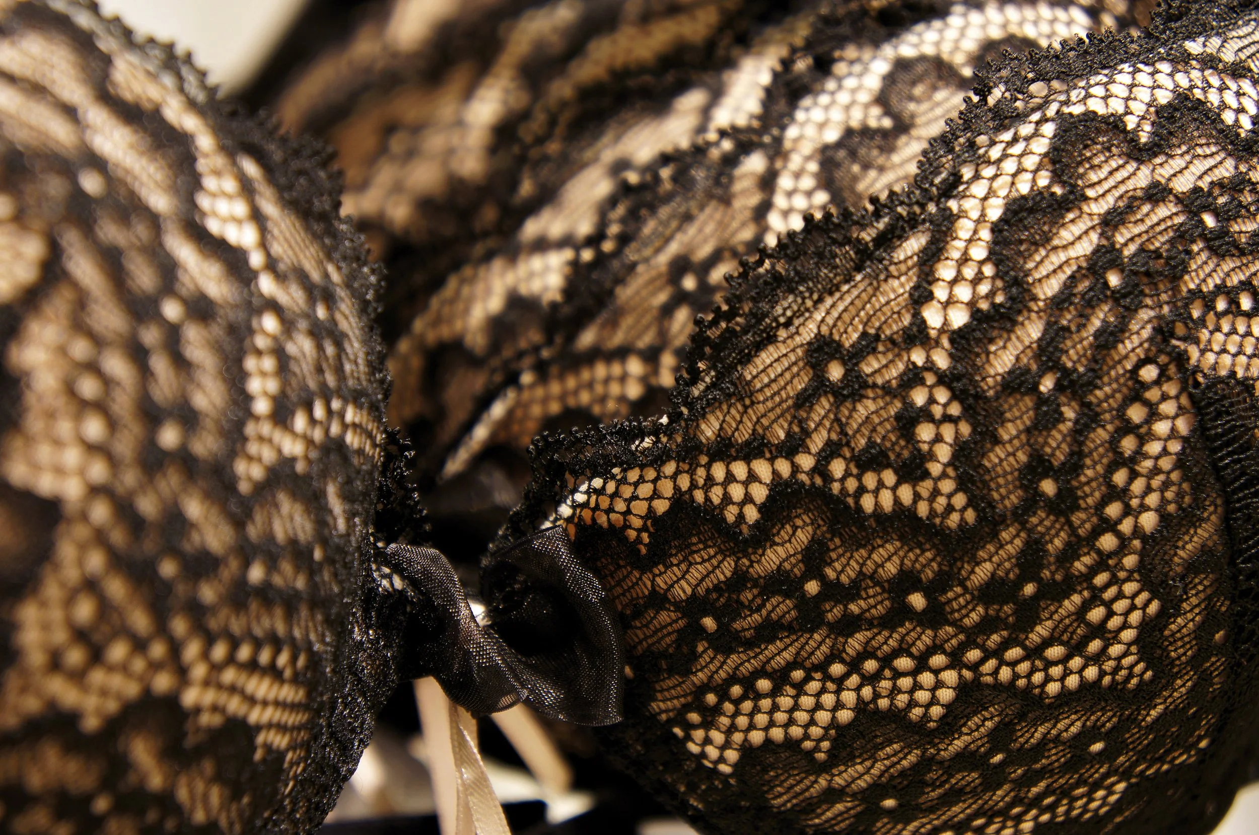 Close-up of black lace fabric with intricate patterns.