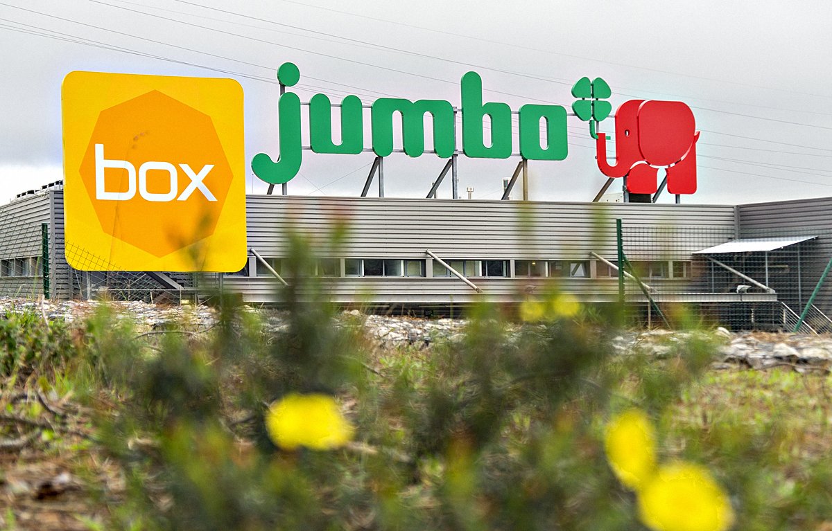 Exterior of a building with 'jumbo' in green letters and an elephant logo, next to a yellow 'box' sign.