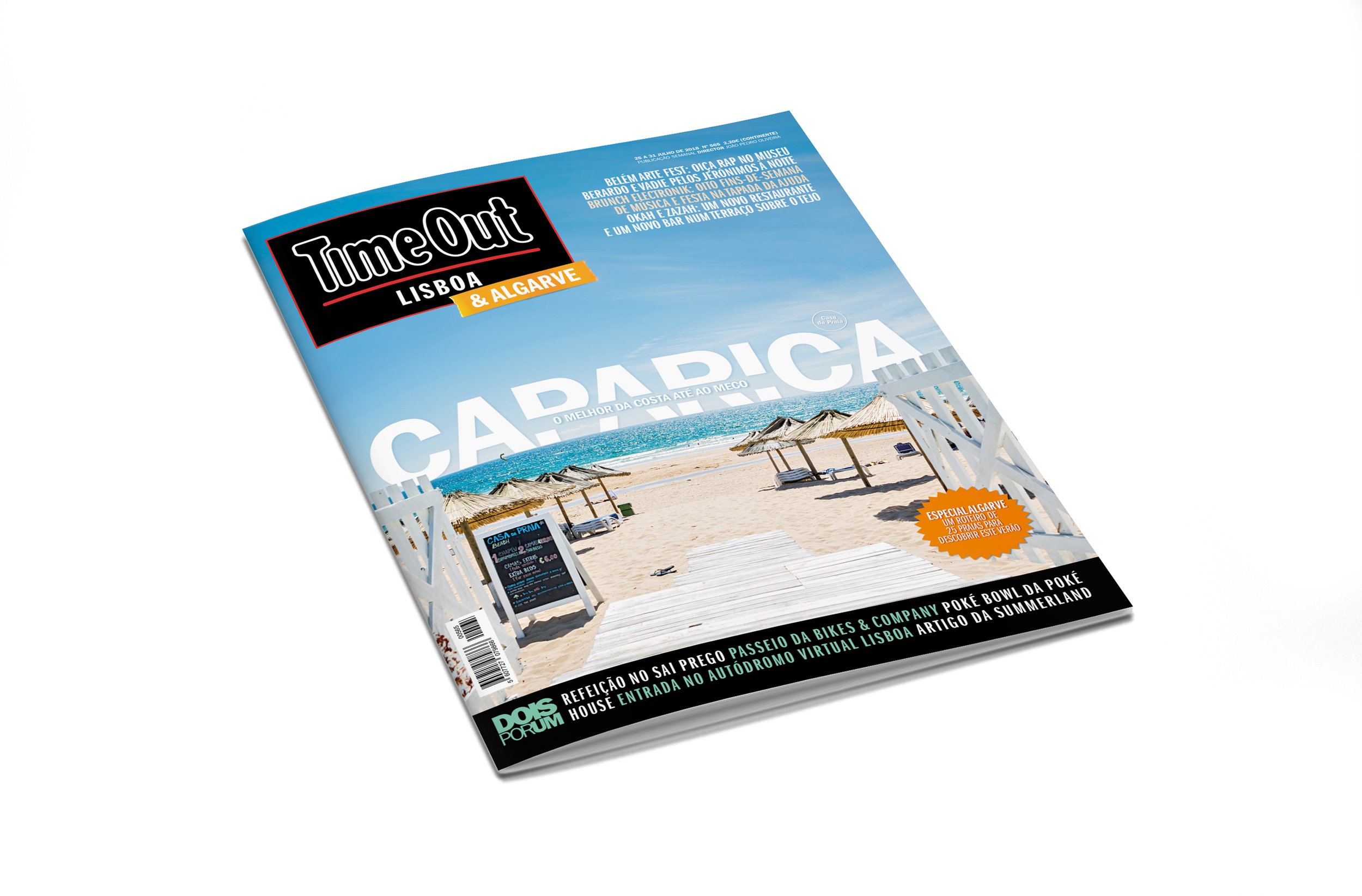 Magazine cover of Time Out Lisboa & Algarve featuring a beach scene with umbrellas and a wooden walkway, titled 'Caparica'. Text includes articles and local highlights.