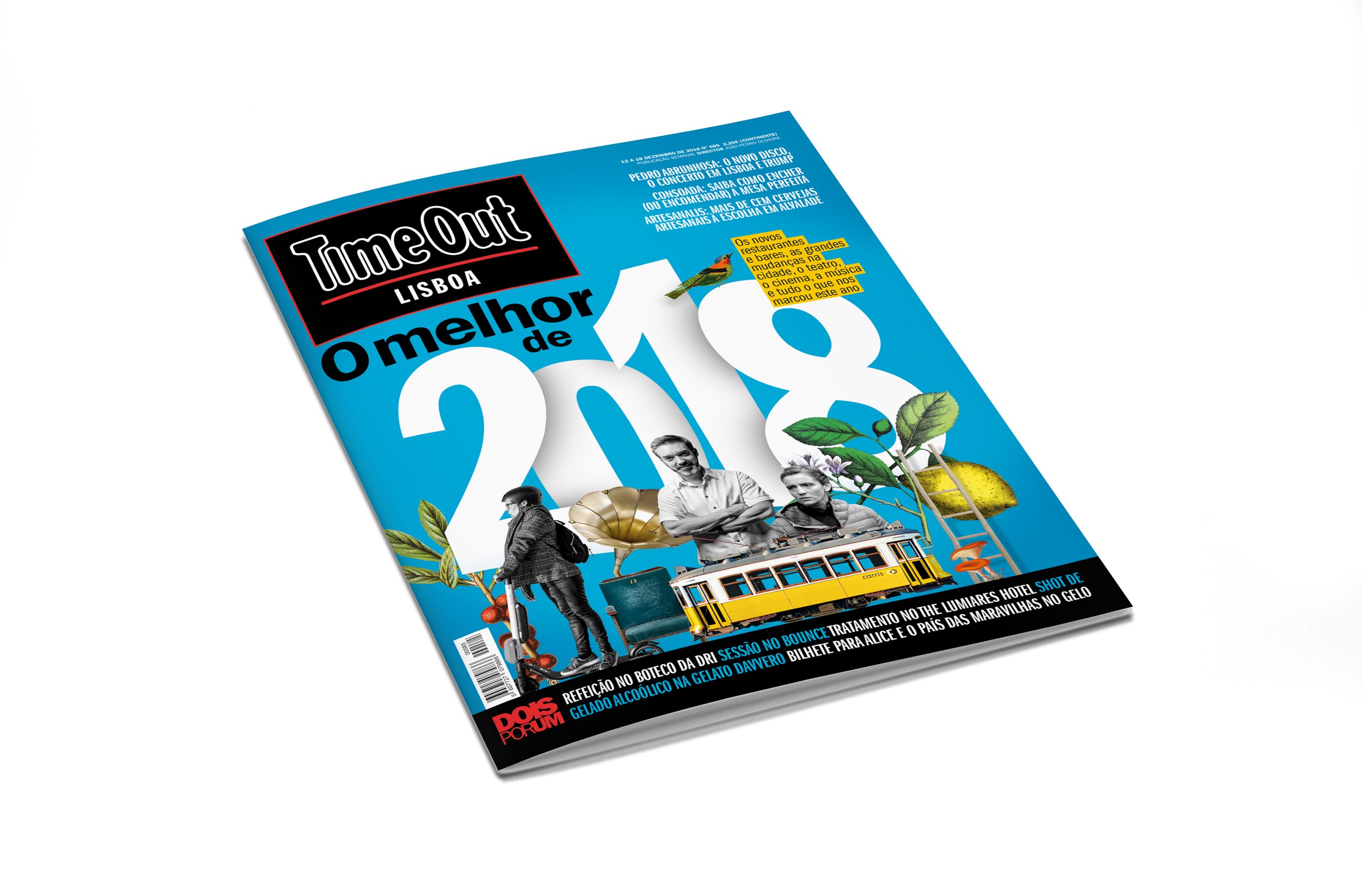 Time Out Lisbon magazine cover featuring 'O Melhor de 2018' with images of people, a tram, a gramophone, and various elements against a blue background.