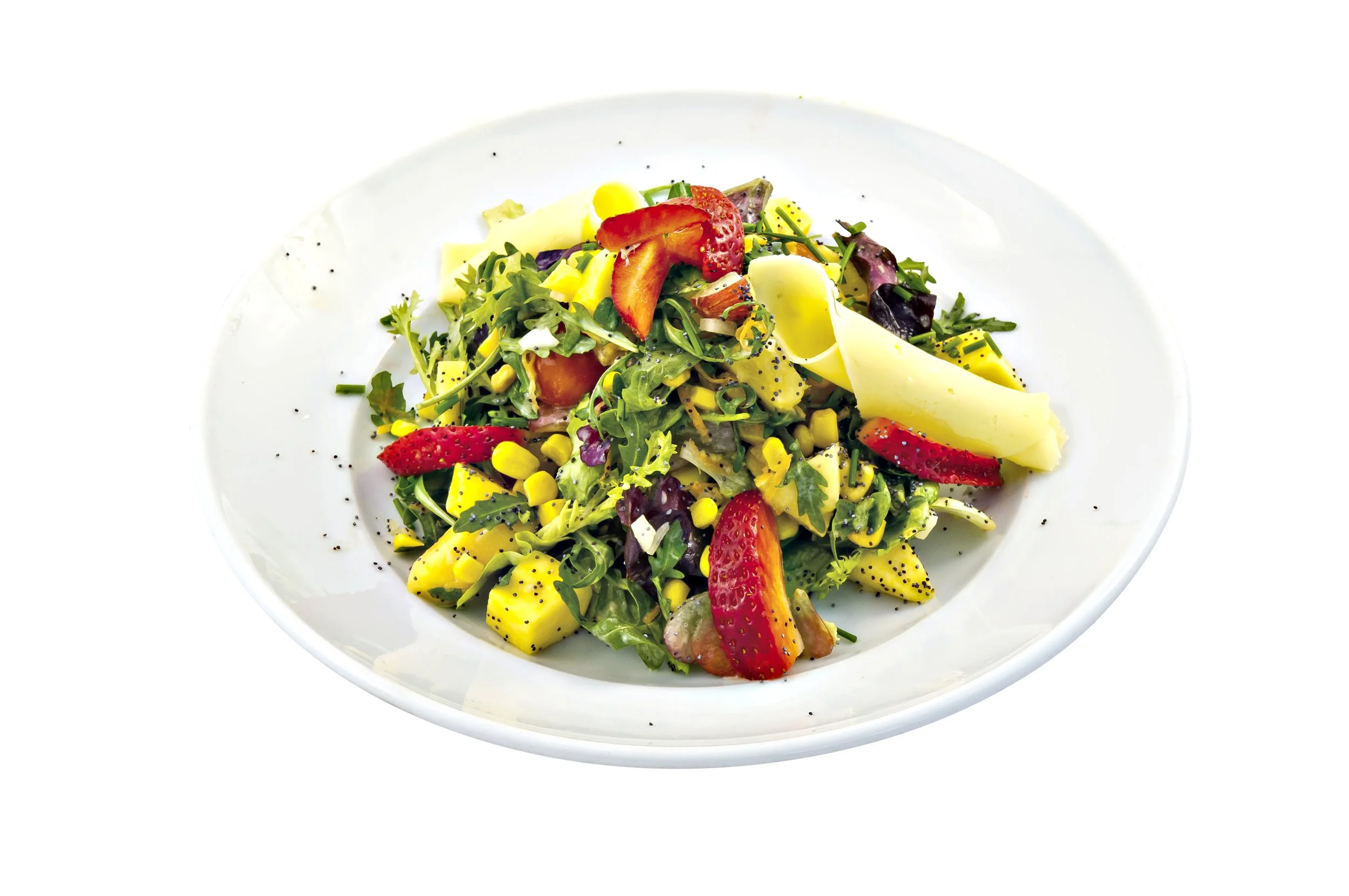 A plate of mixed salad with arugula, strawberries, corn, mango, and cheese curls.