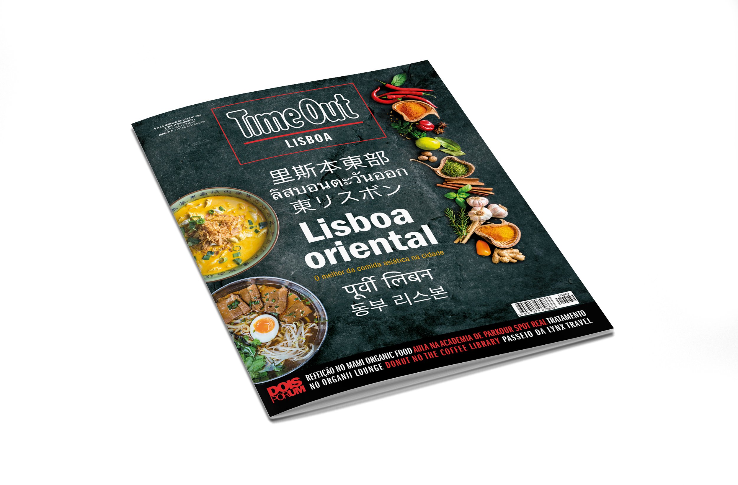 Cover of TimeOut Lisboa magazine featuring Asian cuisine with bowls of food, herbs, and spices.