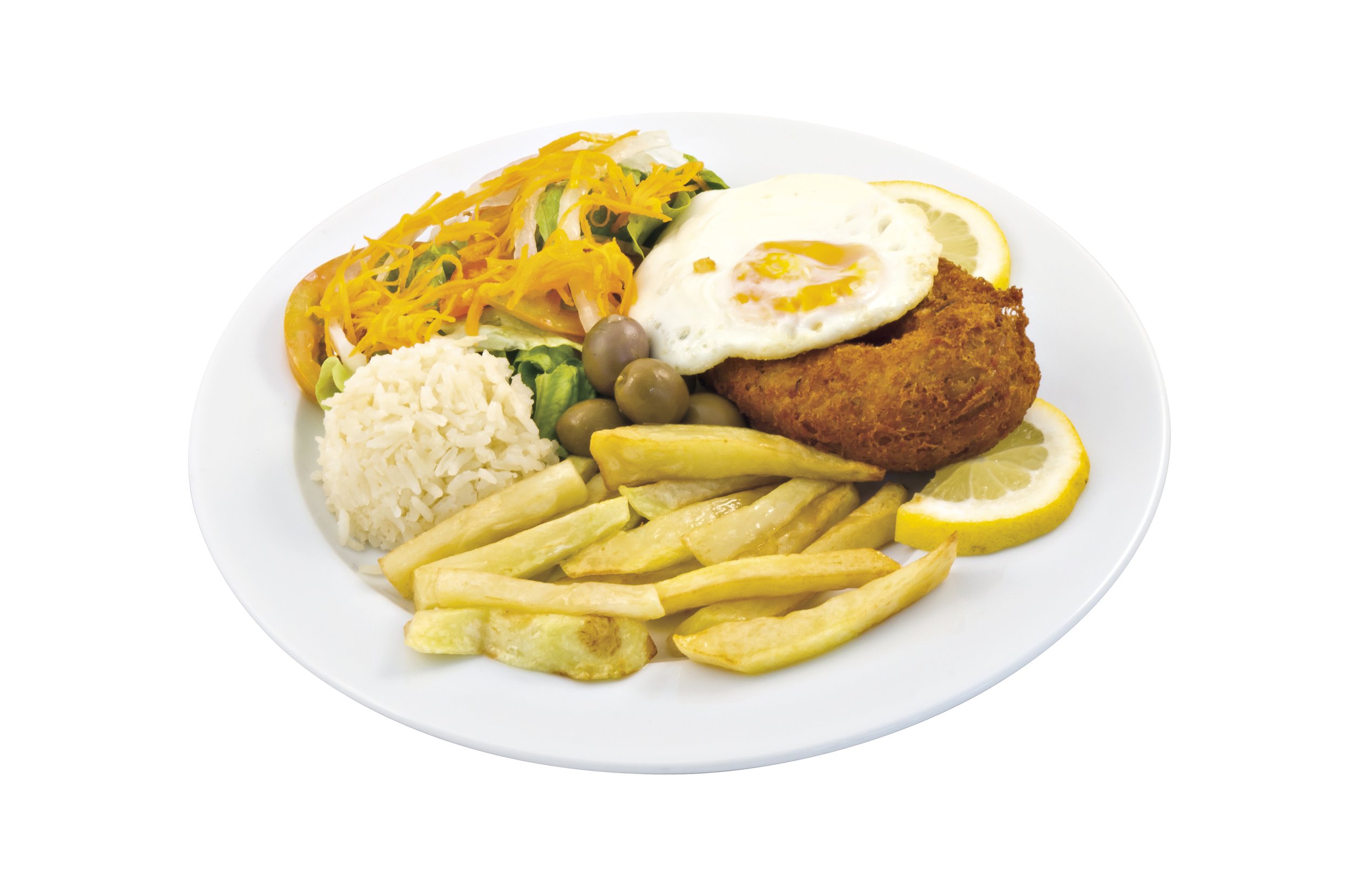Plate of food with grilled fish topped with a fried egg, served alongside French fries, rice, salad, olives, and lemon slices.