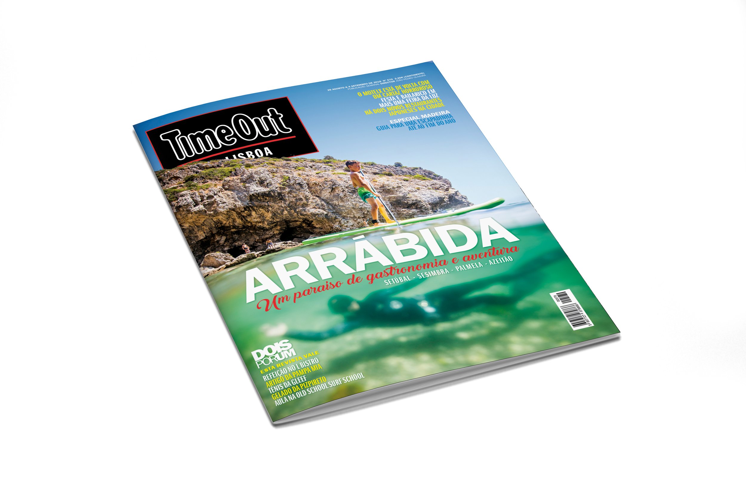 Magazine cover titled 'Time Out Lisboa,' featuring a person paddleboarding in clear water near rocky cliffs. The headline reads 'Arrábida: Um paraíso de gastronomia e aventura.'