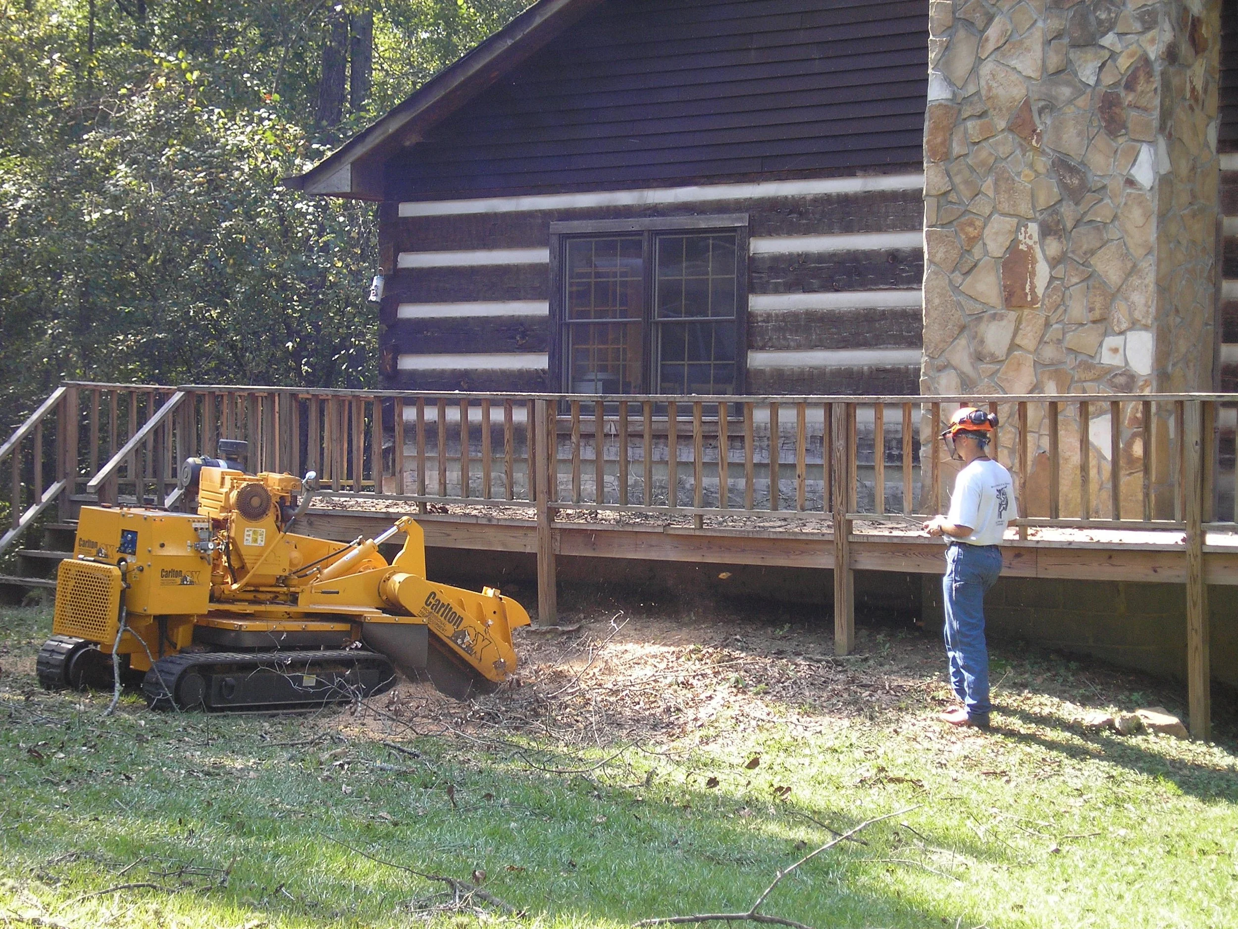 Man grinding stump with remote and professional grinder