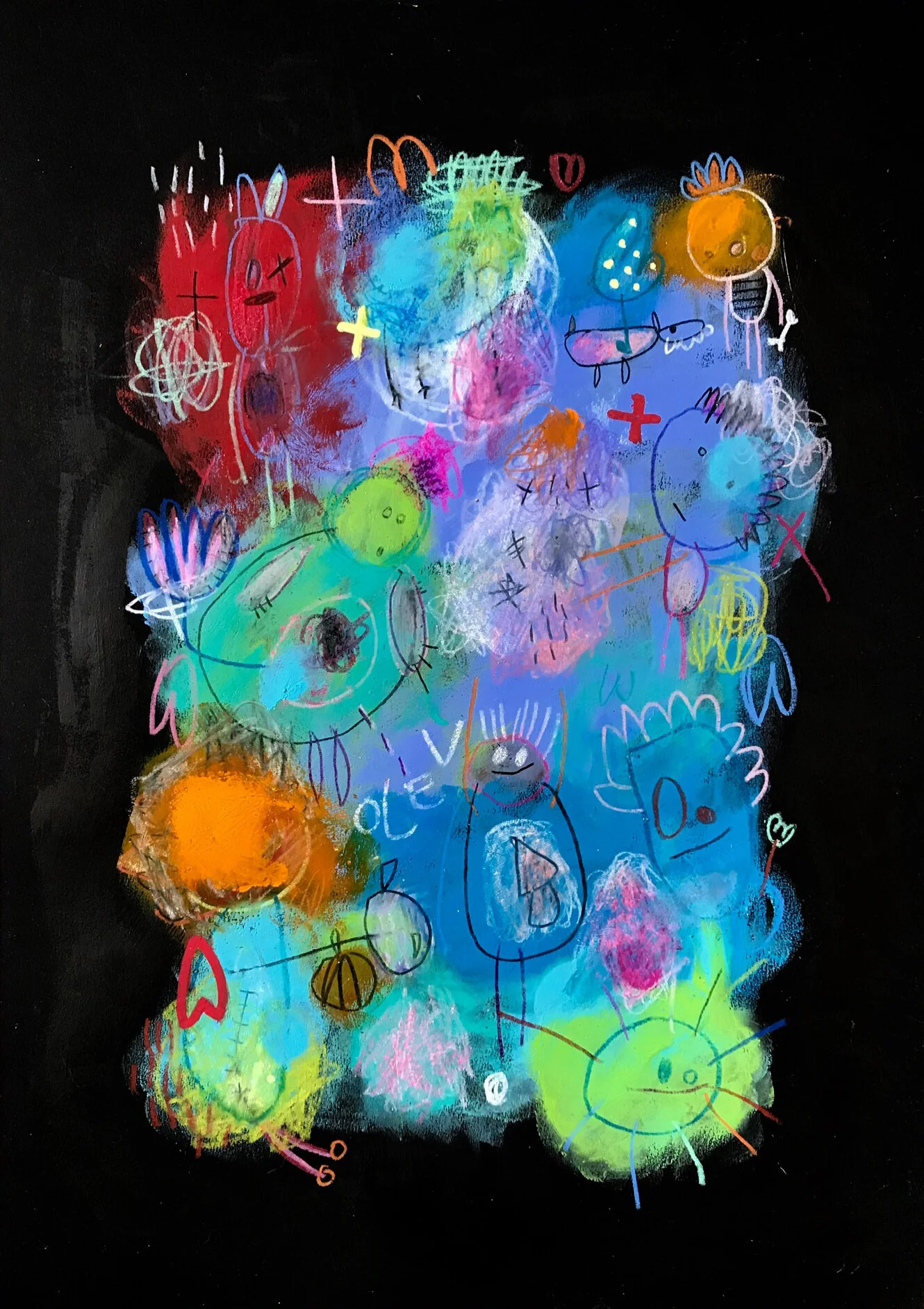 Olev. Acrylique et crayons sur papier noir Fabriano. 42 x 29,7 cm