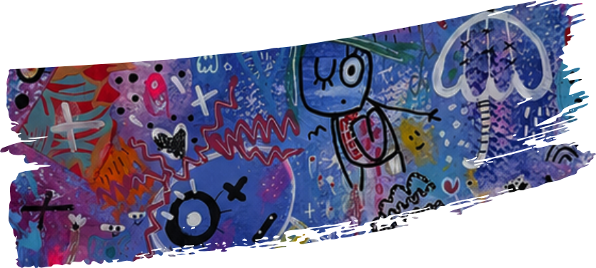 Une peinture murale colorée avec des dessins abstraits, des personnages stylisés, des motifs variés et des éléments d'art urbain, notamment un personnage avec un œil fermé et un autre avec un cercle noir et blanc.