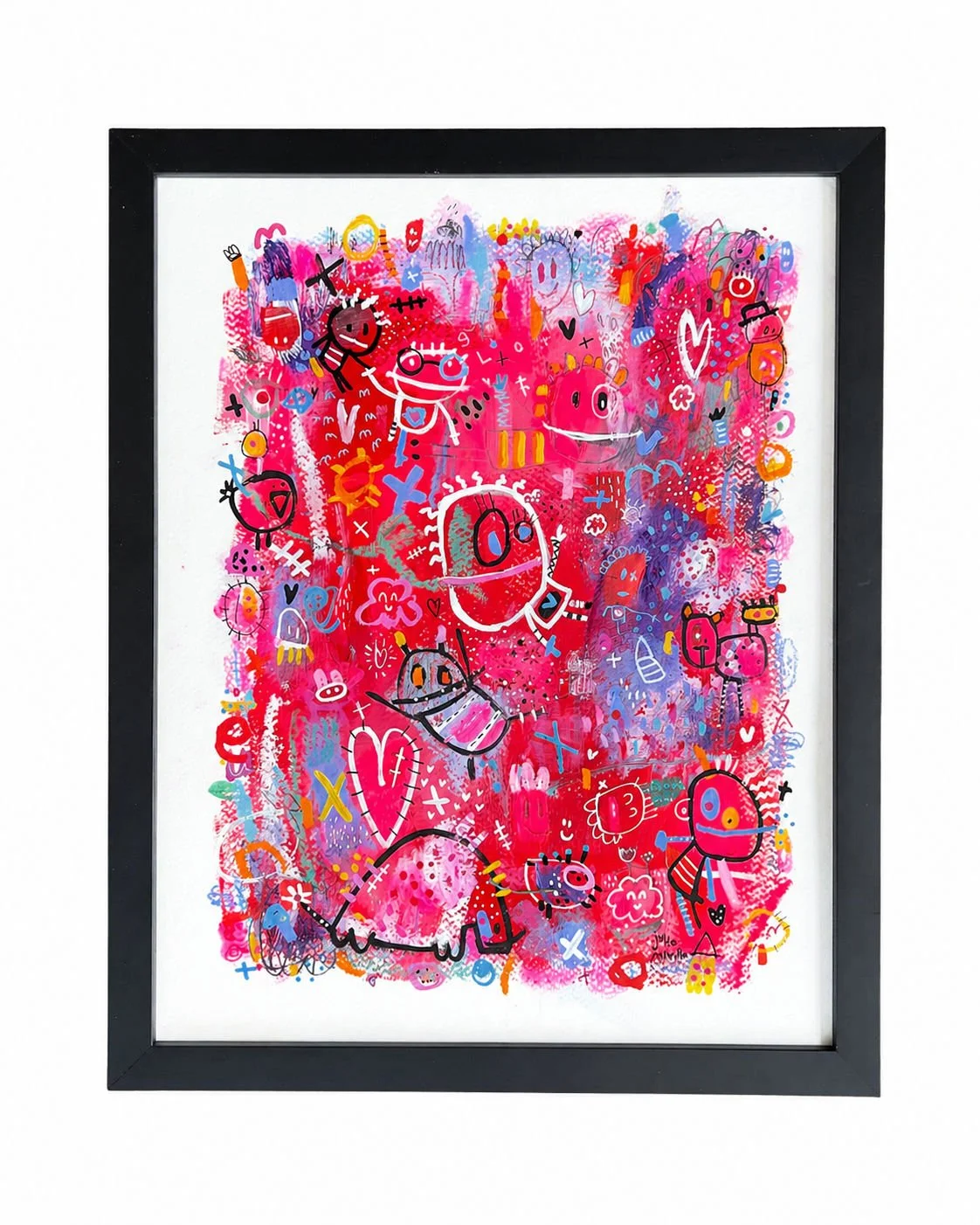 Une peinture colorée avec des dessins abstraits et caricaturaux de visages, de figures et de symboles, principalement en rose, bleu, orange, et blanc, dans un style graffiti ou street art.